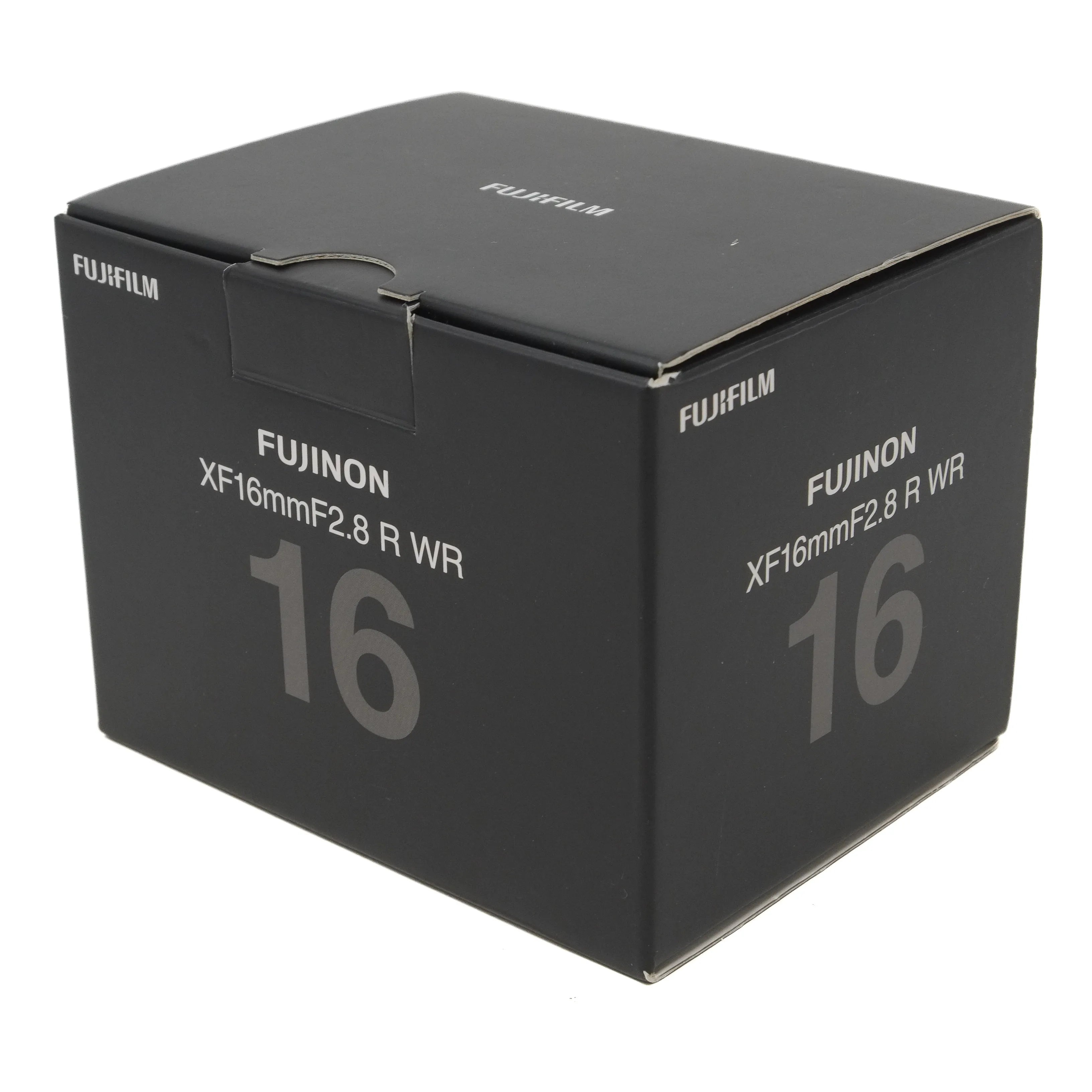 Black box packaging for Fujinon XF16mmF2.8 R WR lens on a white background