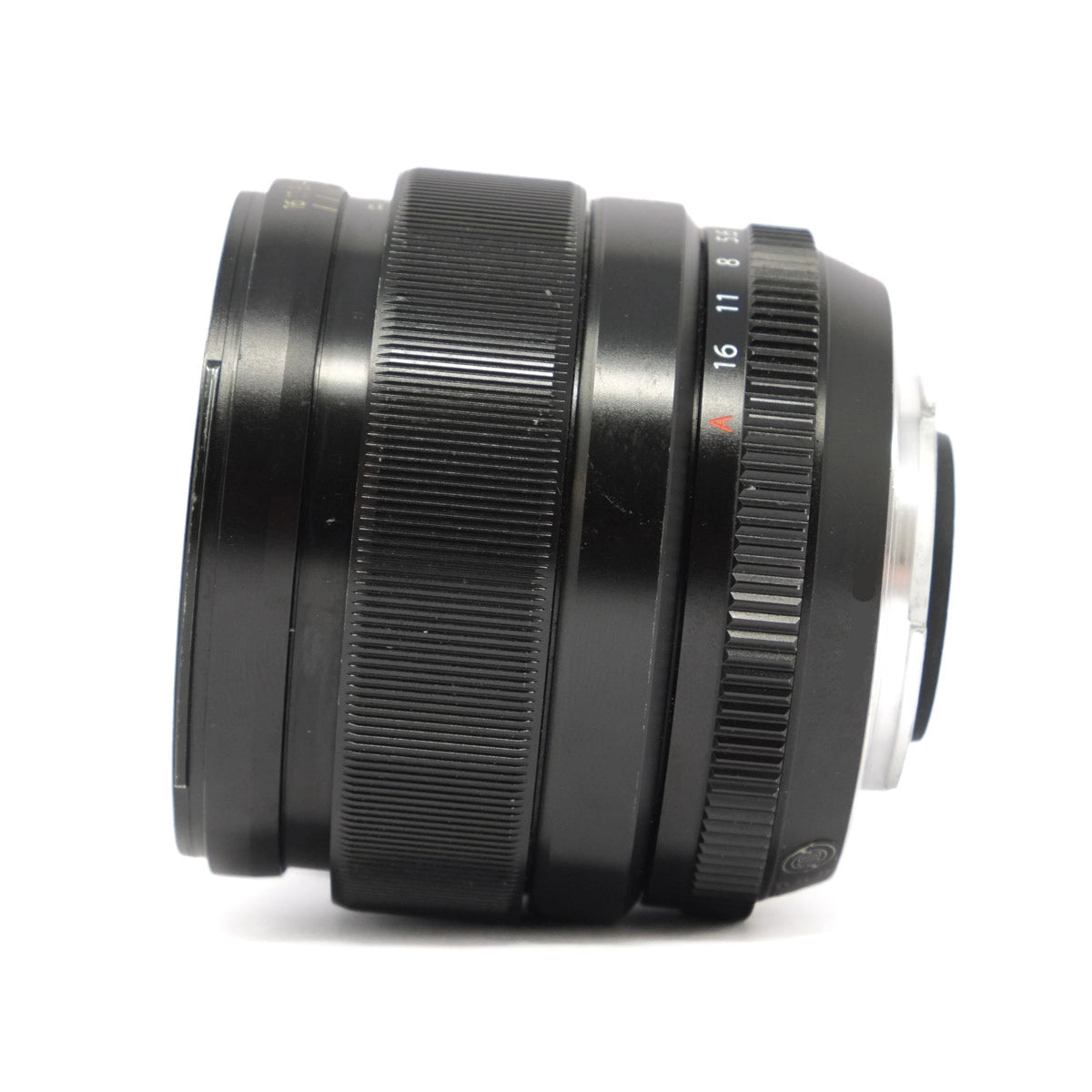Camera lens with focus ring and brand logo on a white background
