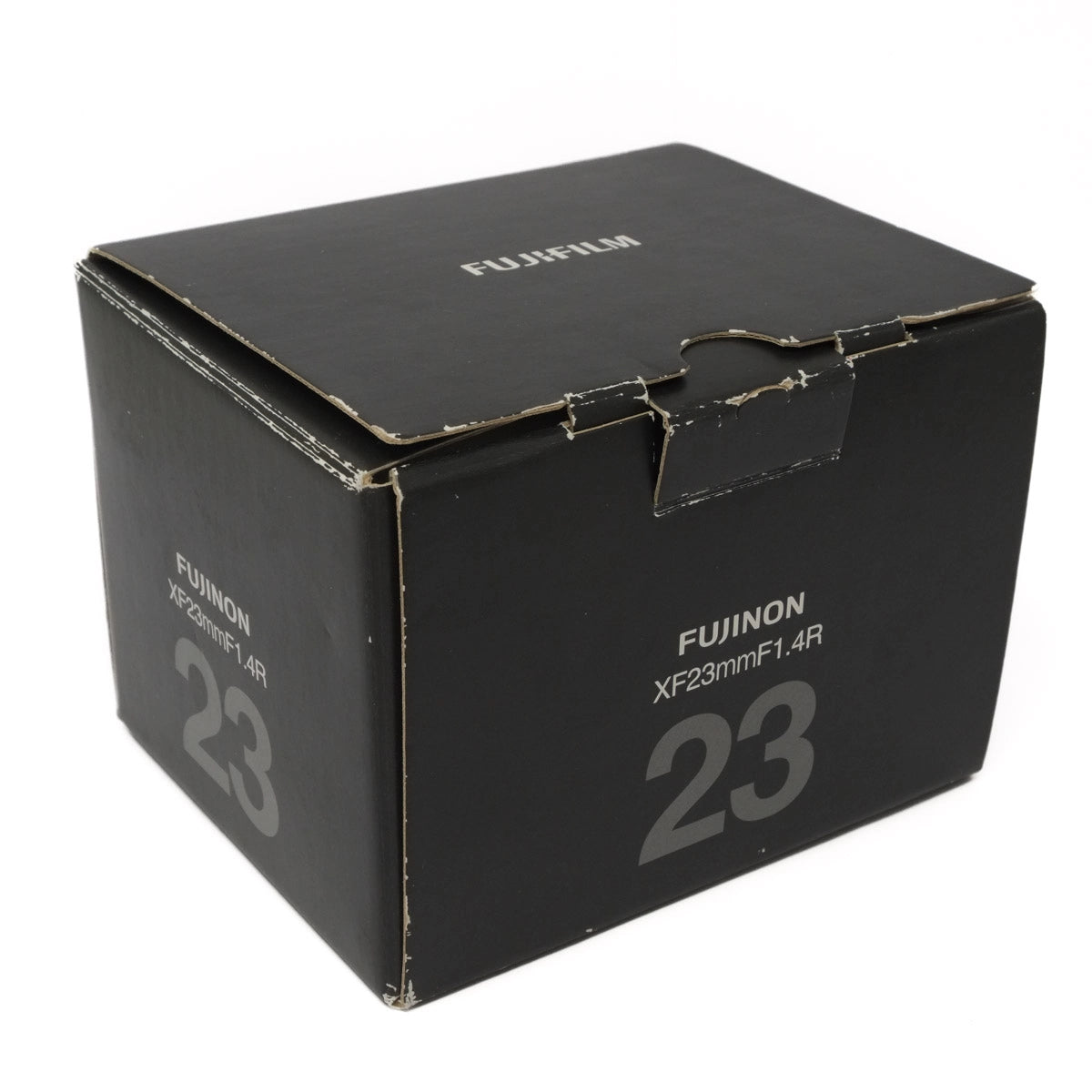 Black Fujifilm camera lens box with '23' and 'XF23mmF1.4R' text on a white background
