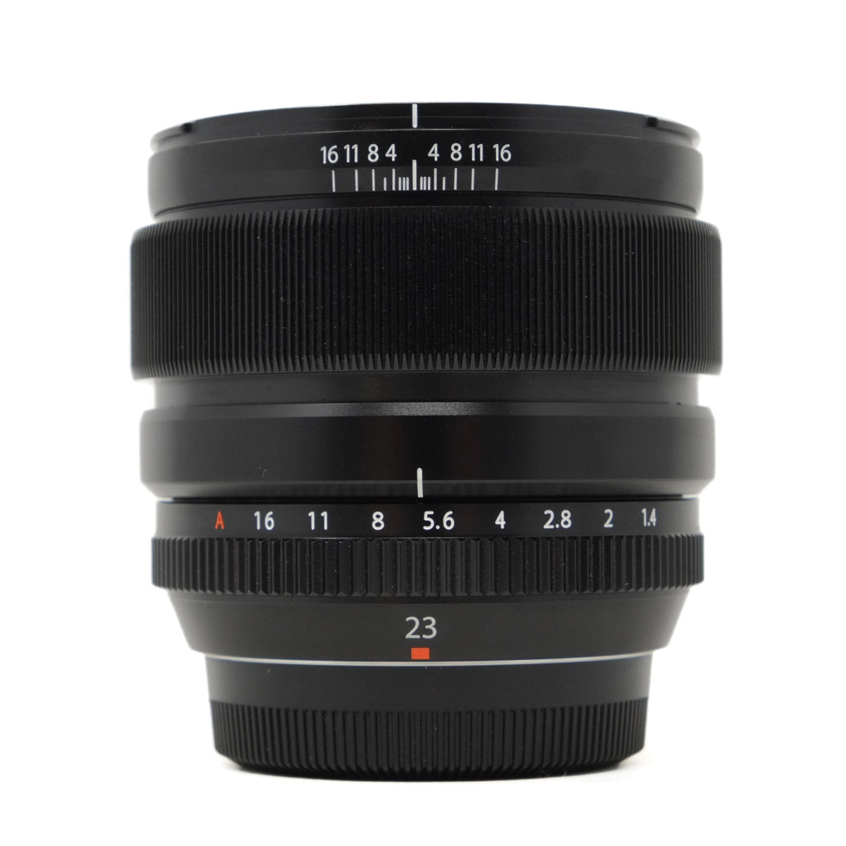 Black camera lens with focus and f-number markings on a white background