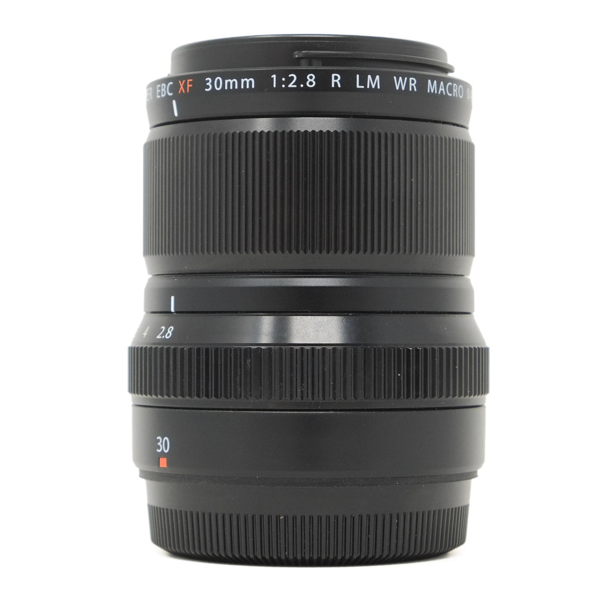Camera lens with specifications on a white background