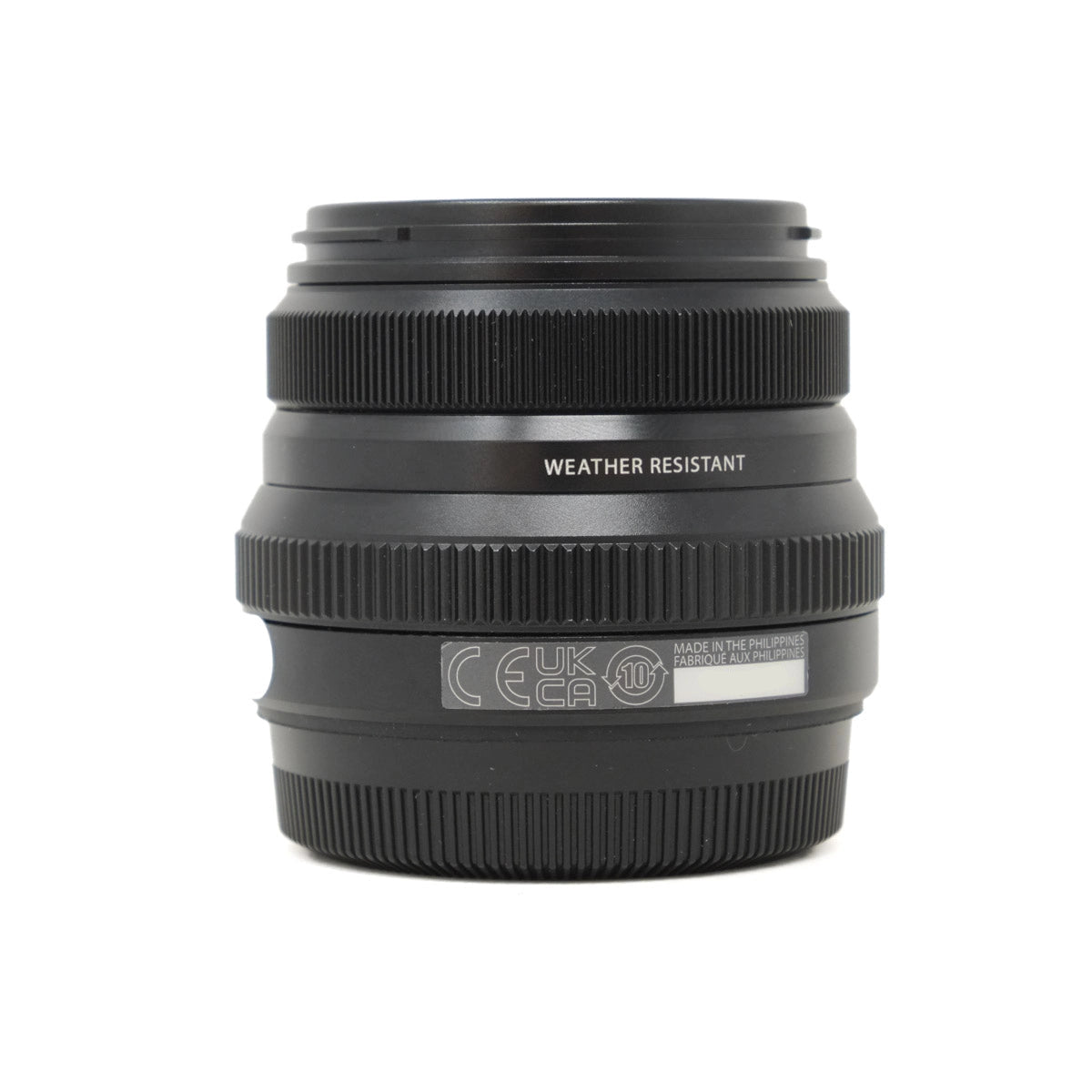 Black camera lens with 'weather resistant' text on a white background