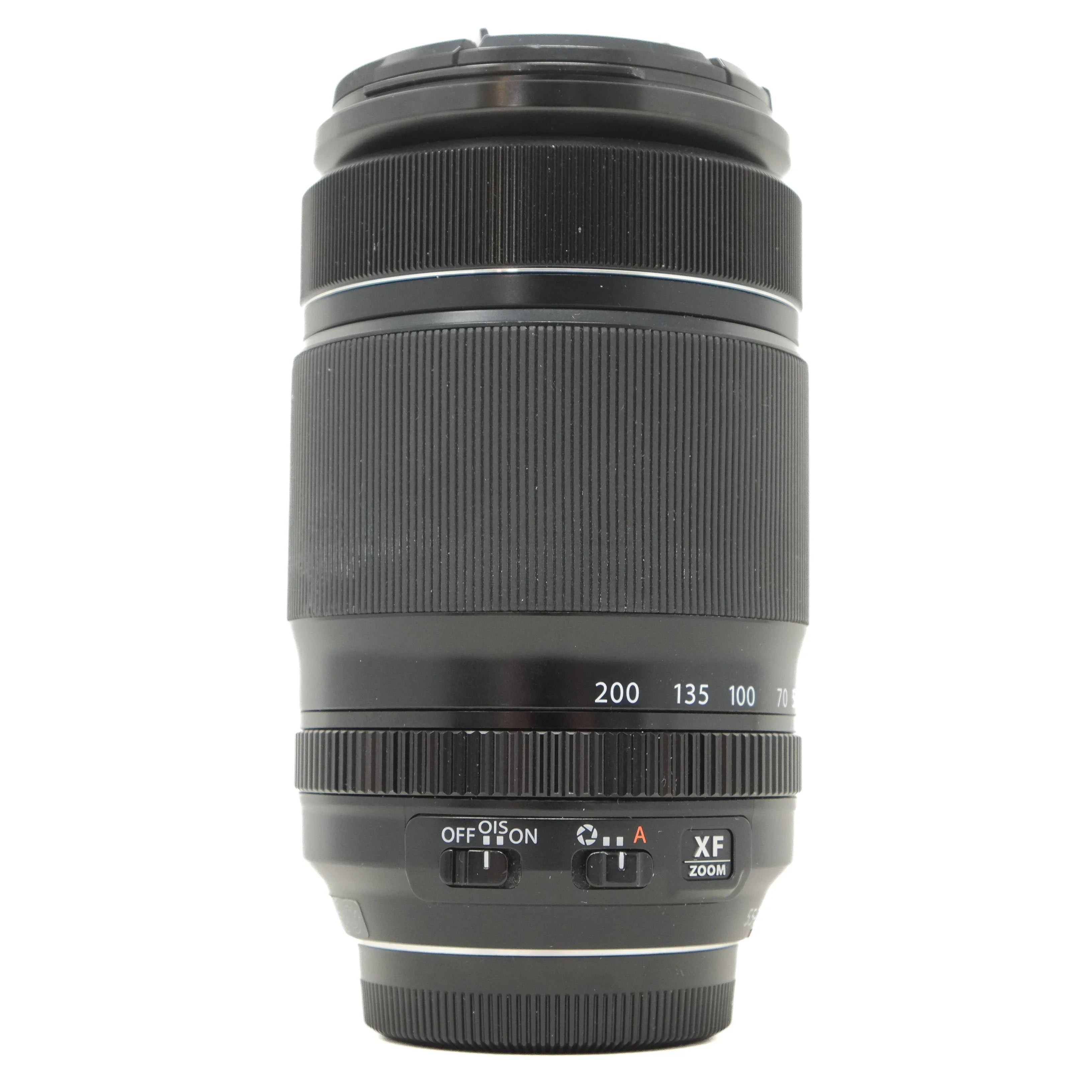 Camera lens with focus and zoom controls on a white background