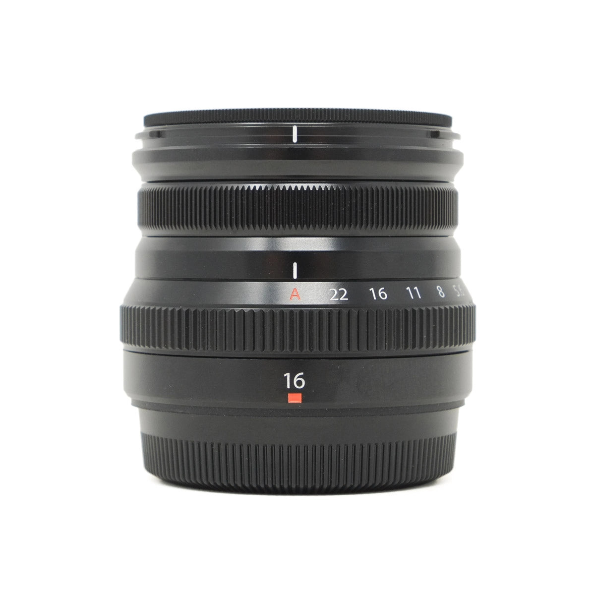 Camera lens with focus and aperture controls on a white background