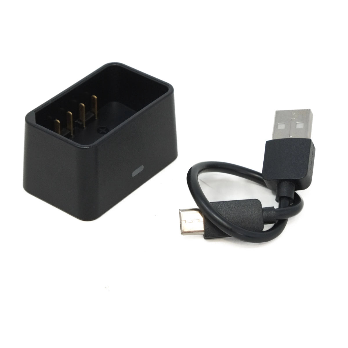 Black charging adapter and USB cable on a white background