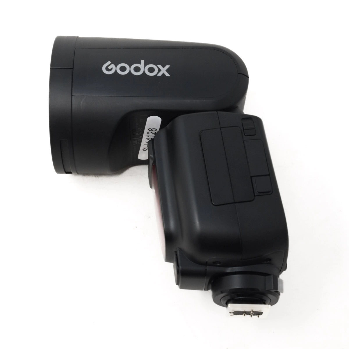 Black Godox camera flash on a white background