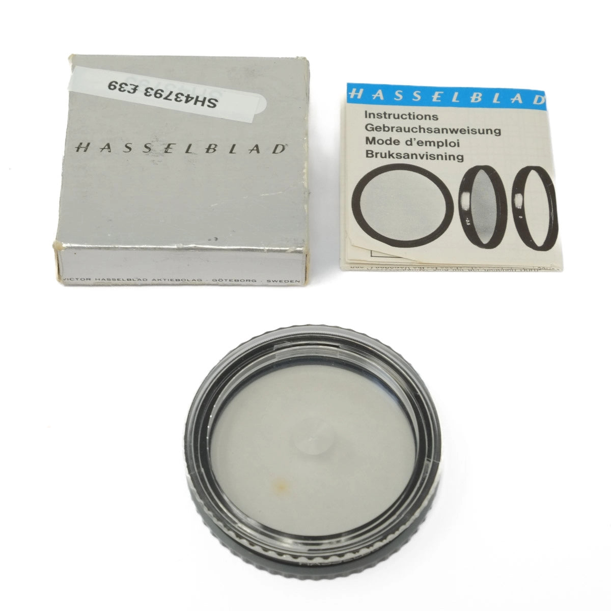 Hasselblad lens filter with packaging and instructions on a white background