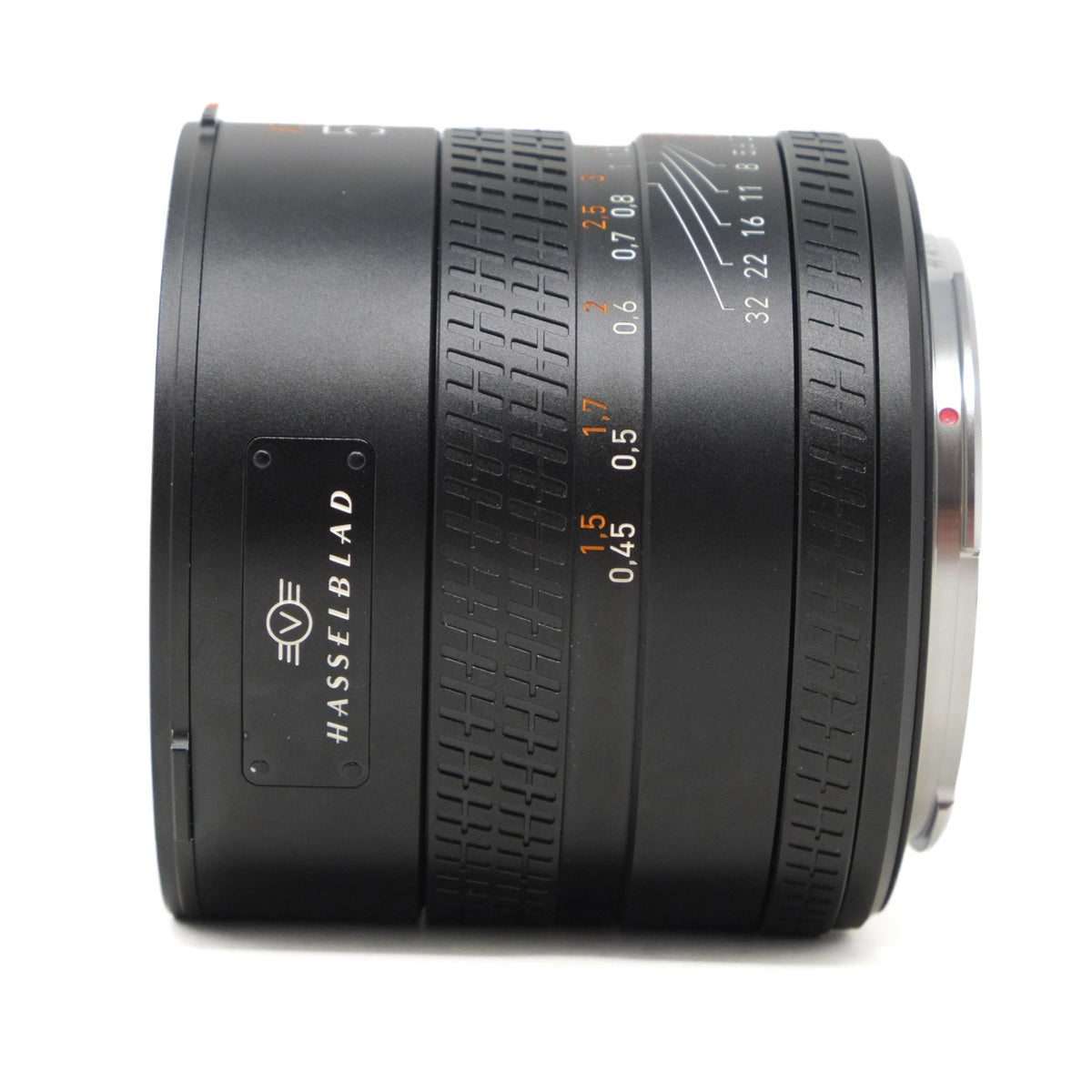 Hasselblad camera lens on a white background