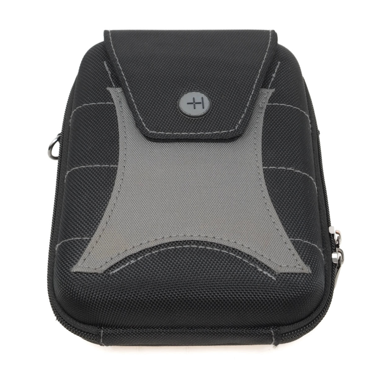 Black and gray backpack with zipper on a white background