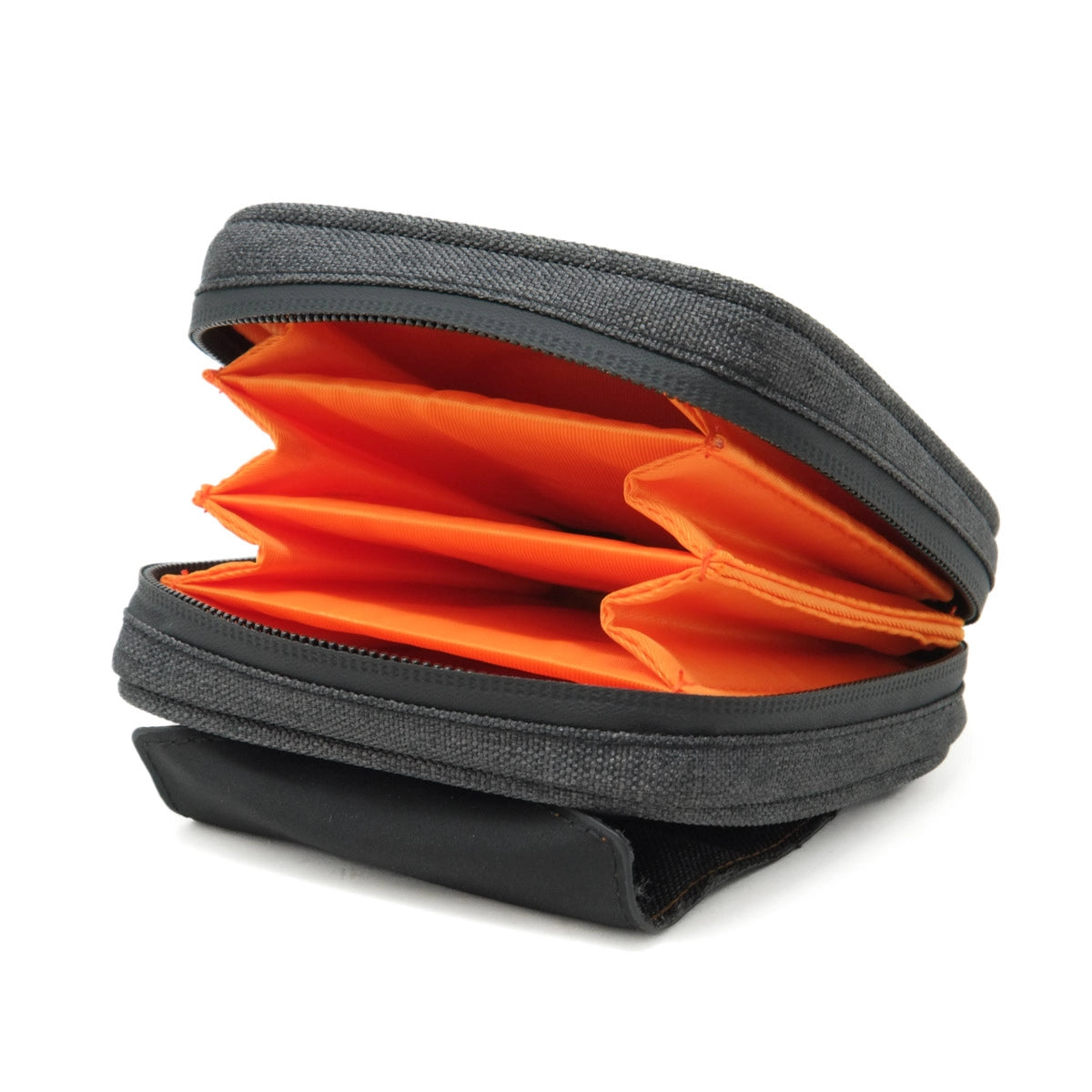 Gray zippered pouch with orange interior on a white background