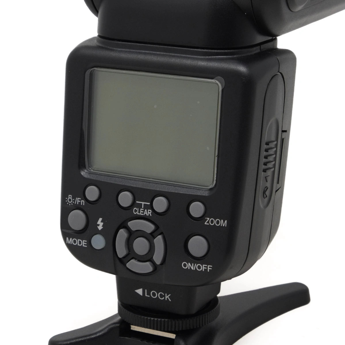 Black camera flash with digital display on a white background