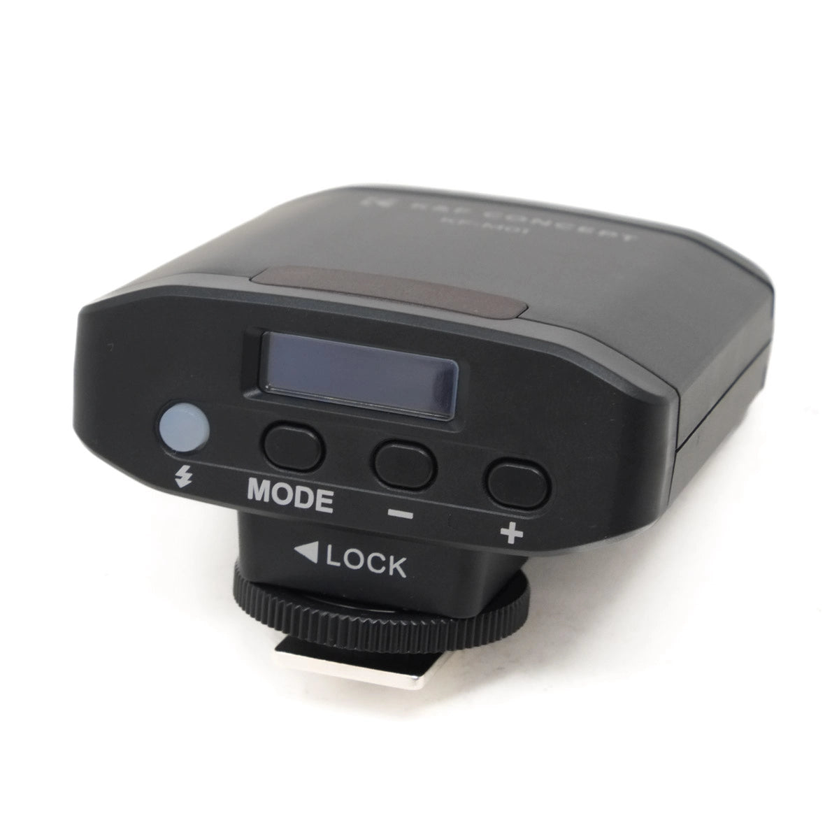 Black camera flash with digital display on a white background