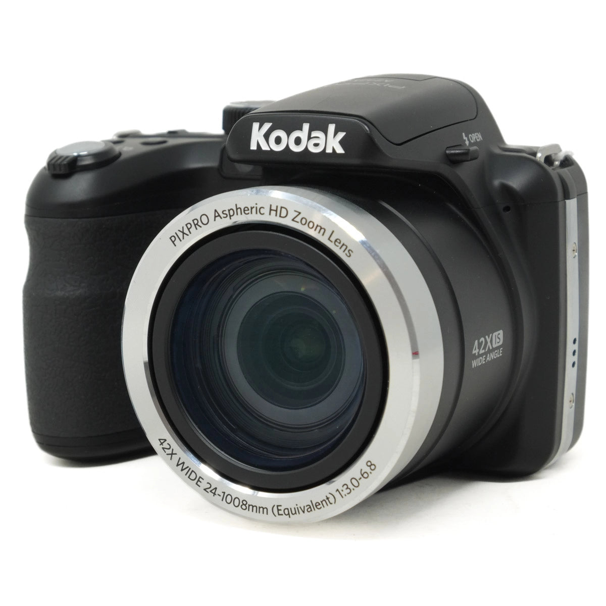 Black Kodak camera with a large lens on a white background