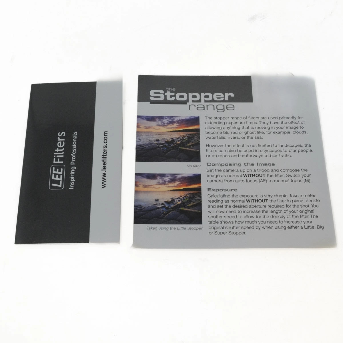 Lee Filters stopper range brochure with a scenic photograph on a white background