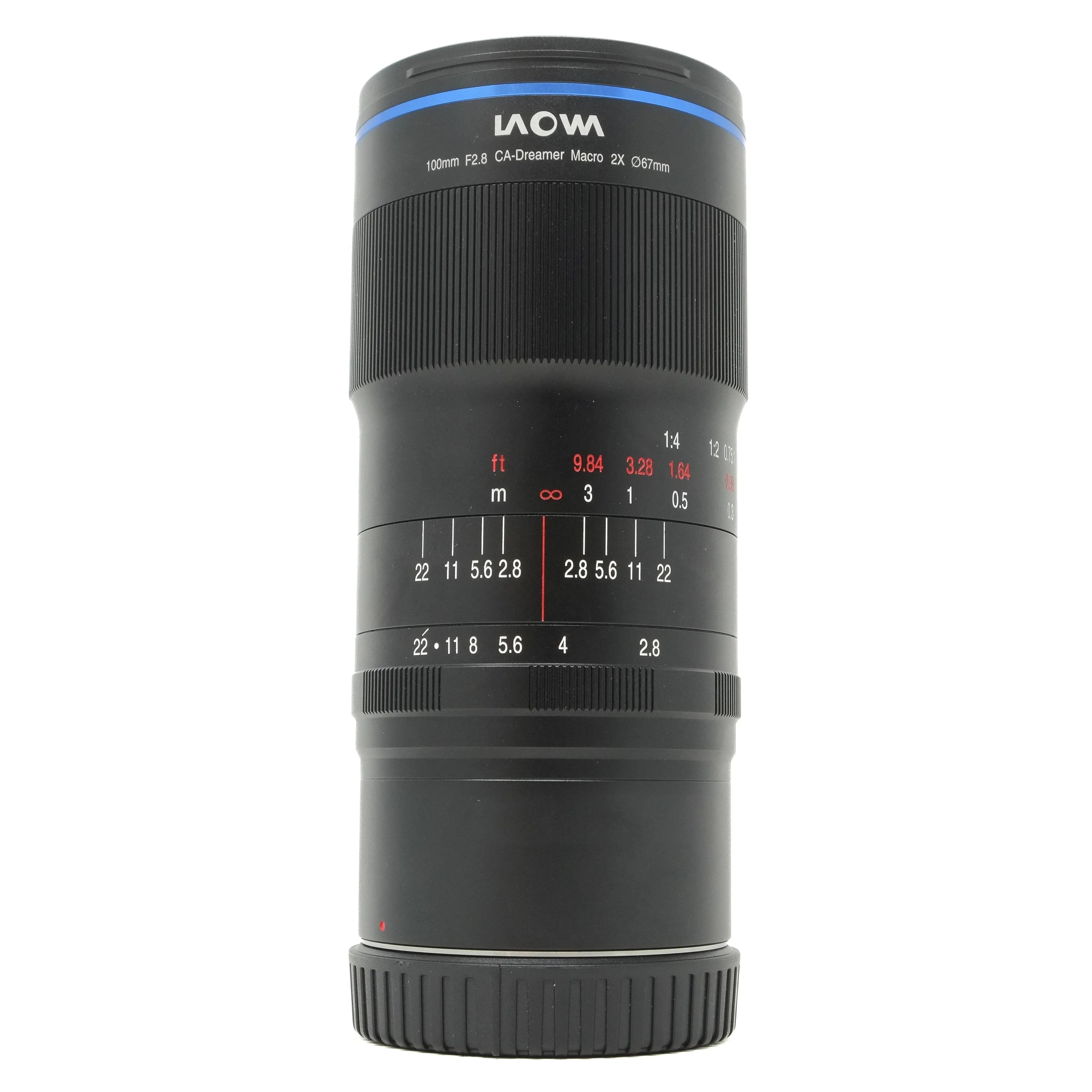 Black camera lens with focus and aperture indicators on a white background