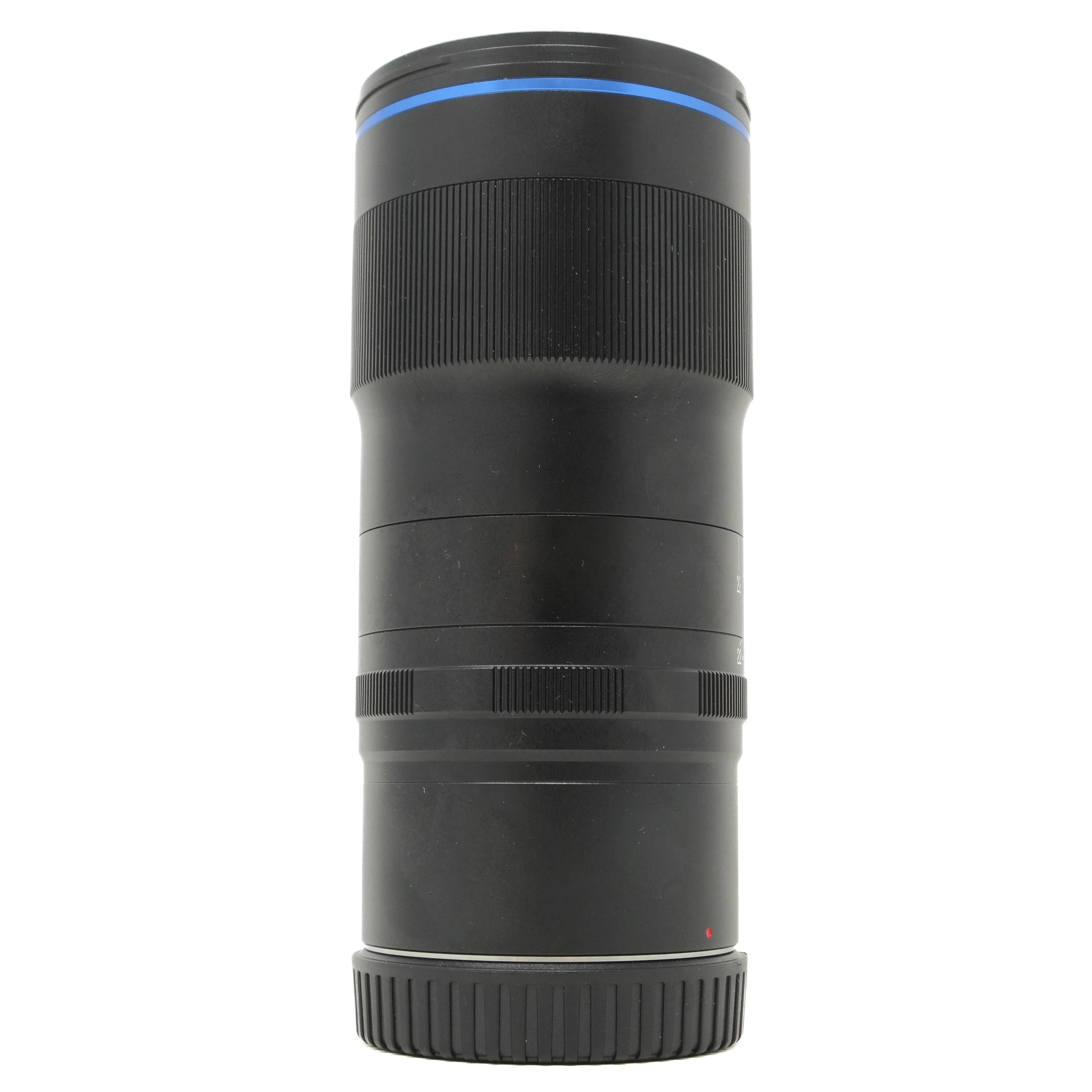 Black camera lens on a white background