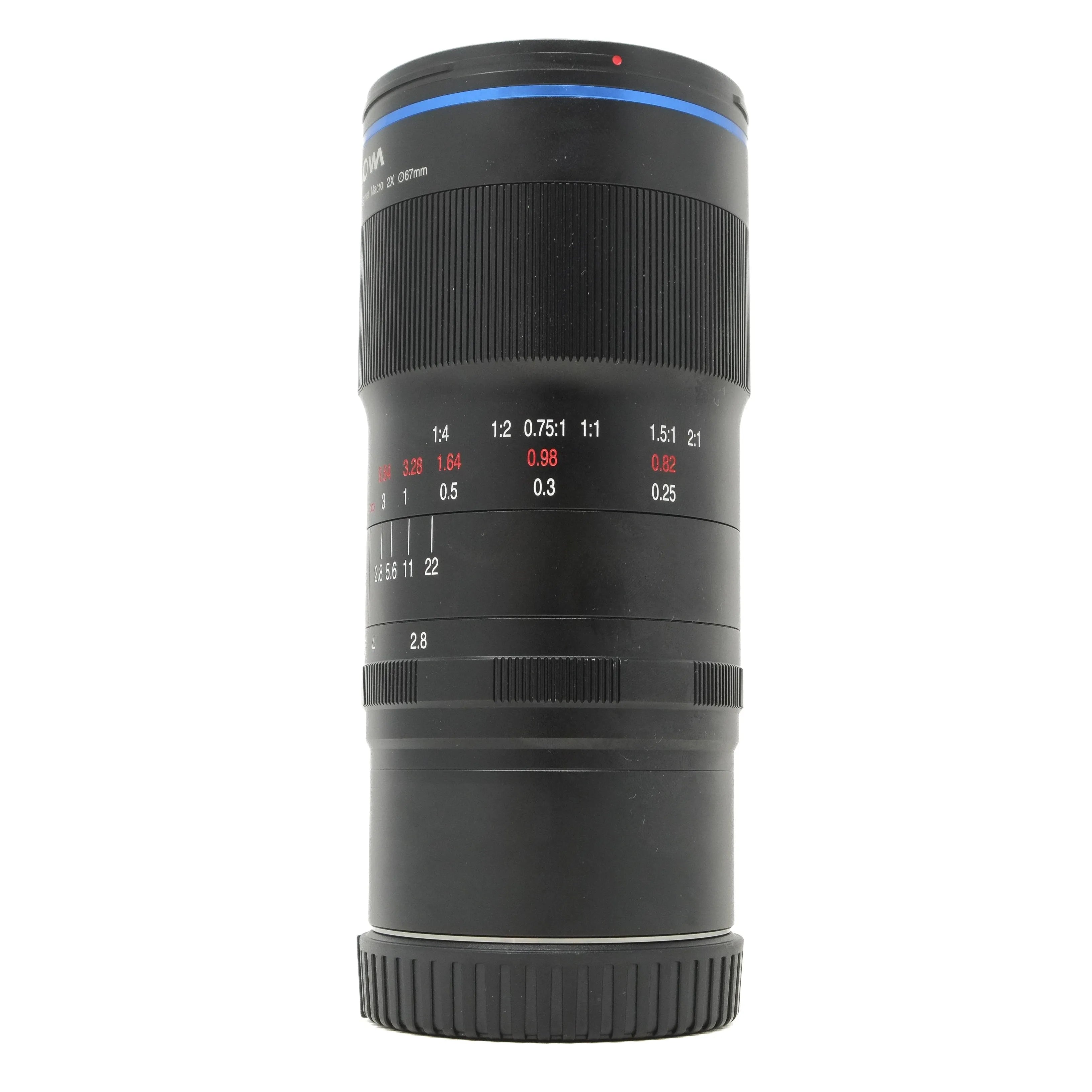 Camera lens with focus scale on a white background