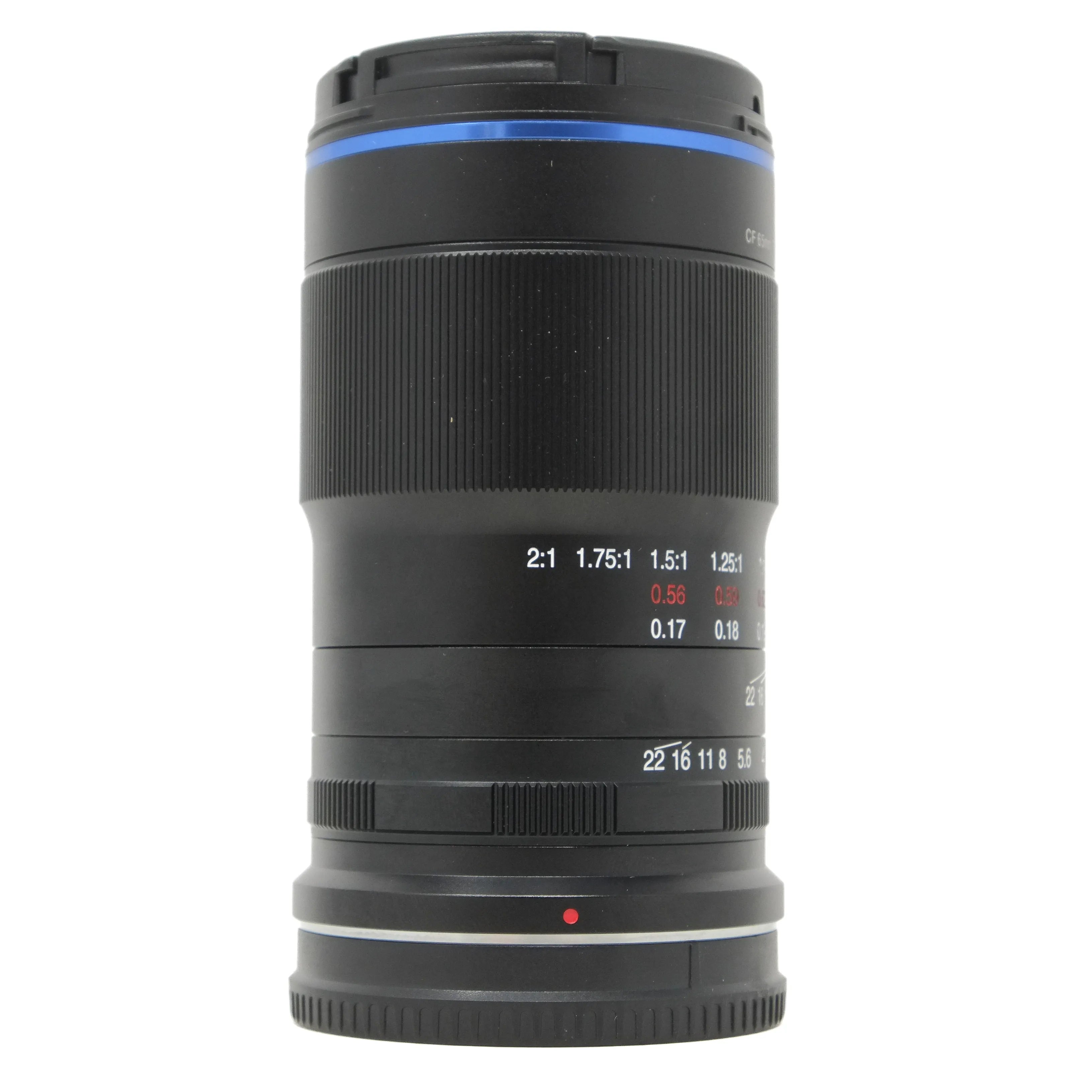 Camera lens with focus and aperture information on a white background