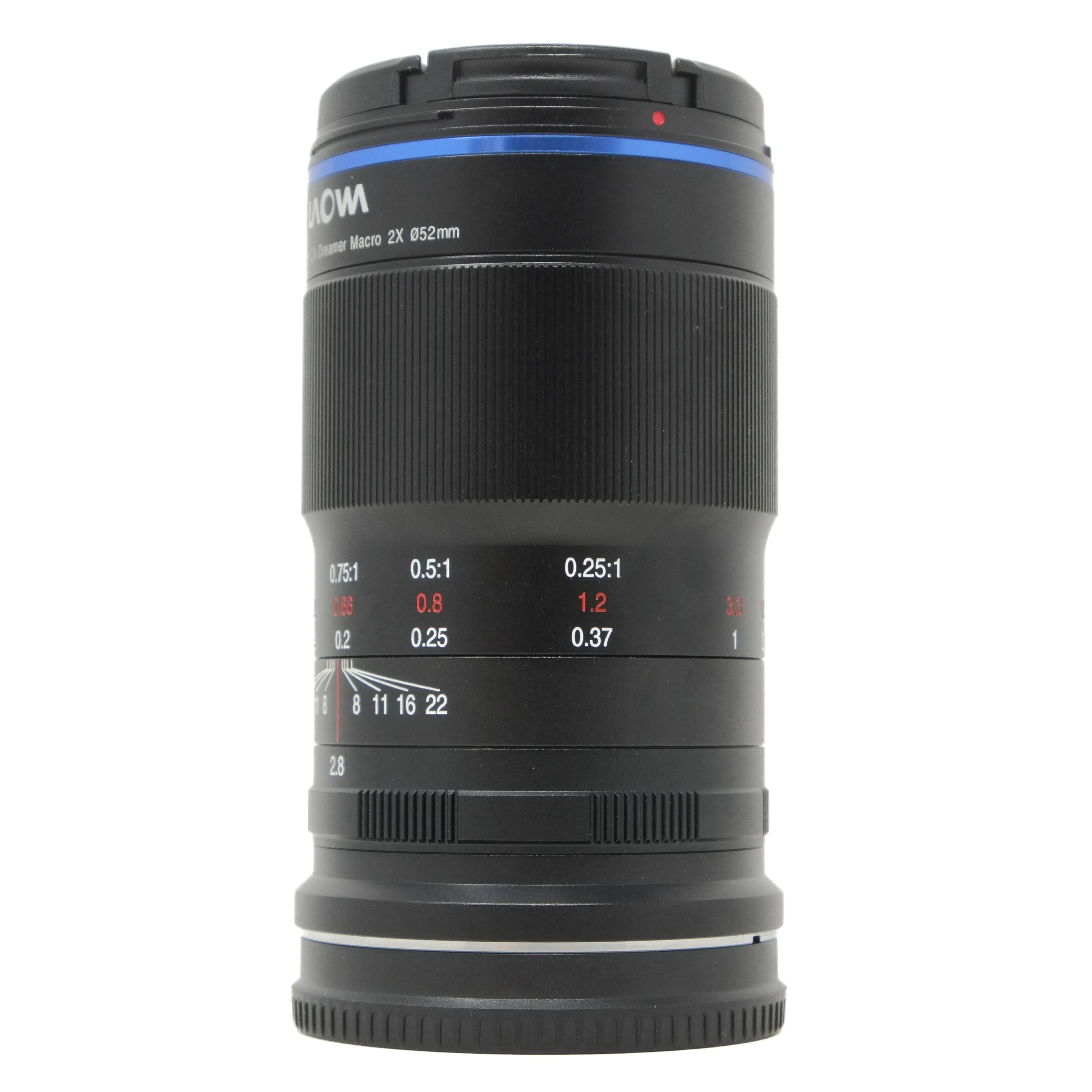 Camera lens with brand name on a white background