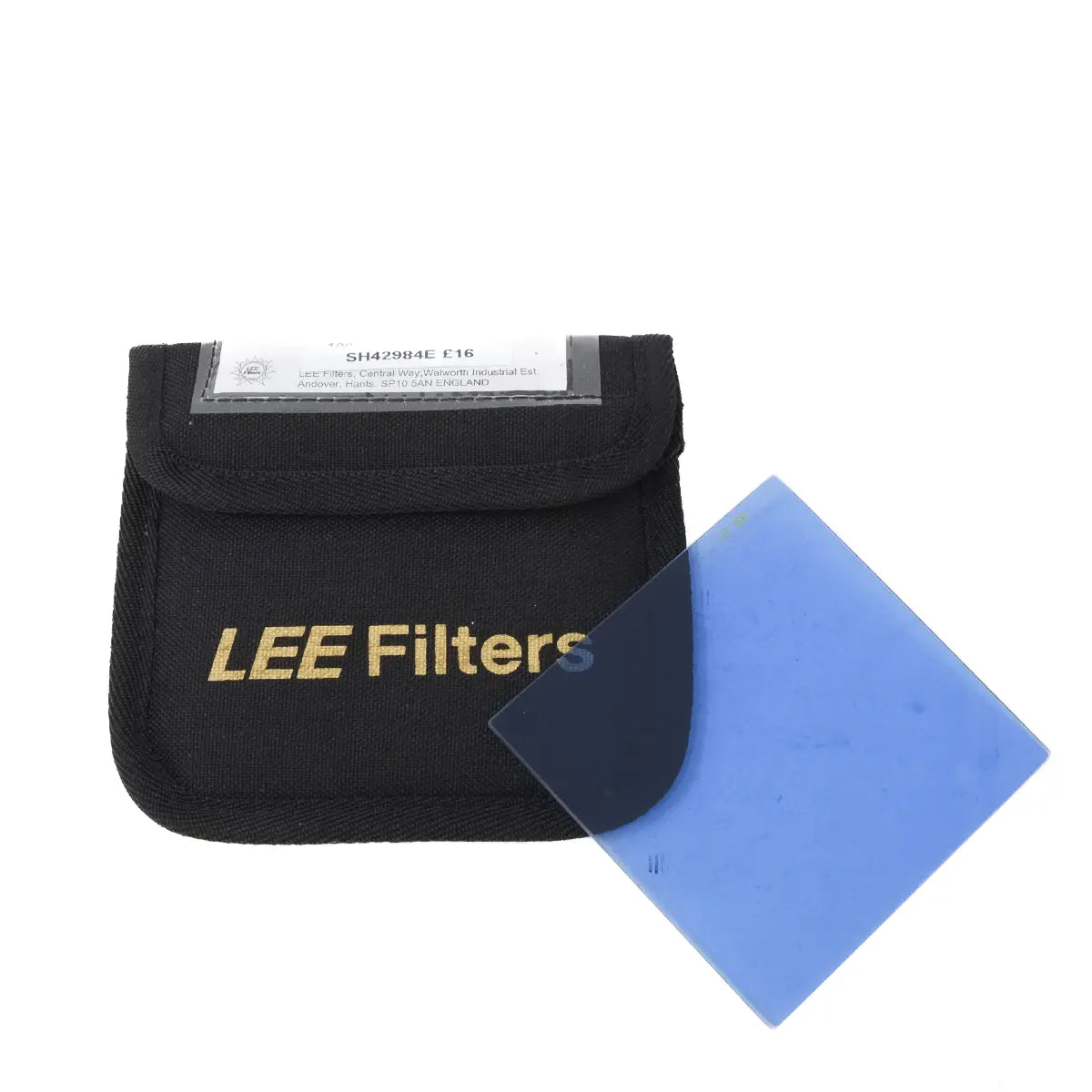 Blue filter with black carrying case labeled 'LEE Filters' on a white background