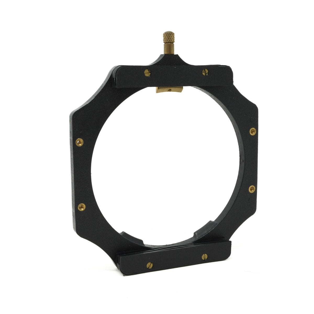 Black metal ring with gold accents on a white background