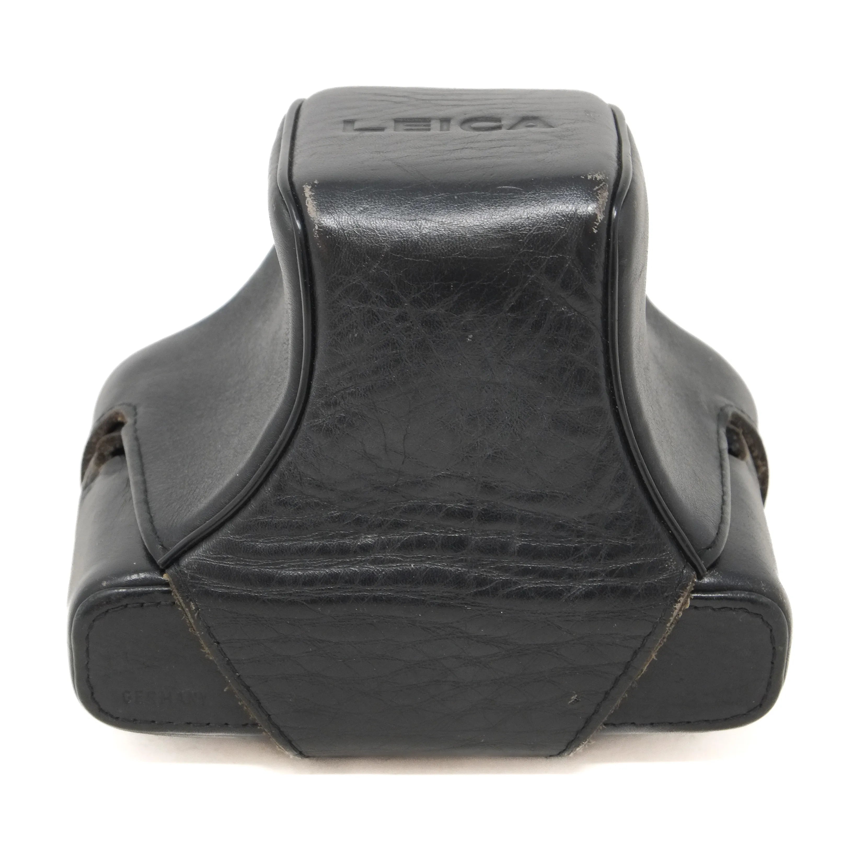 Black leather camera case with 'Leica' branding on a white background