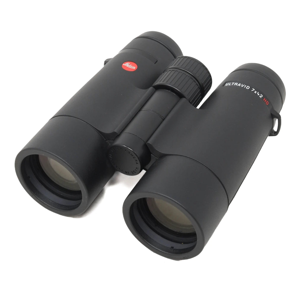 Black Leica Ultravid 7x42 binoculars with a red Leica logo and white model text, shown on a clean white background.