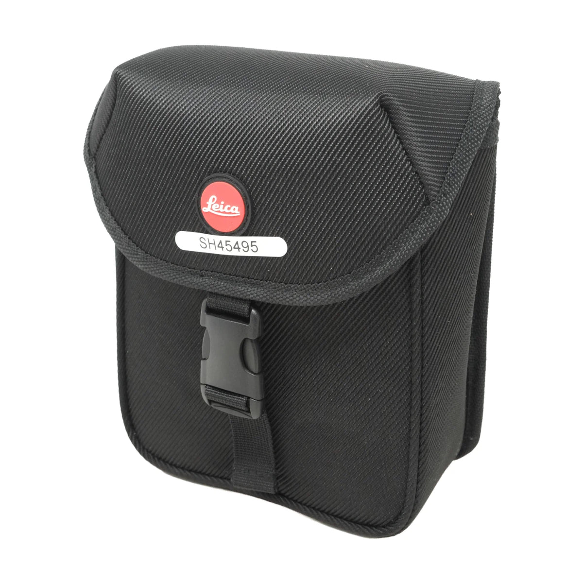 Black Leica camera pouch with a textured fabric exterior, a red Leica logo badge, and a black plastic buckle closure, shown on a plain white background.