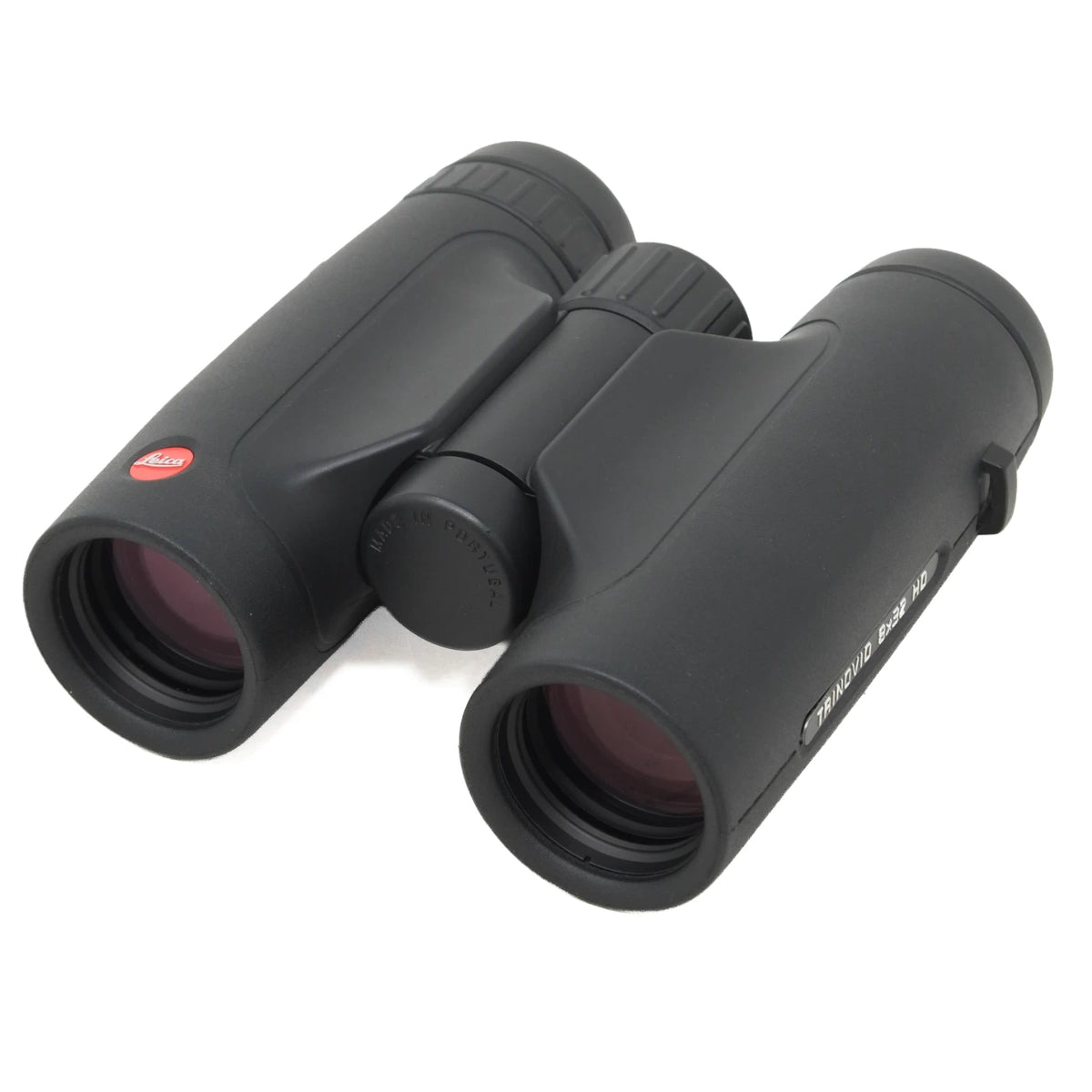 A pair of black Leica binoculars with objective and eyepiece lenses, shown at a three-quarter angle on a clean white background.