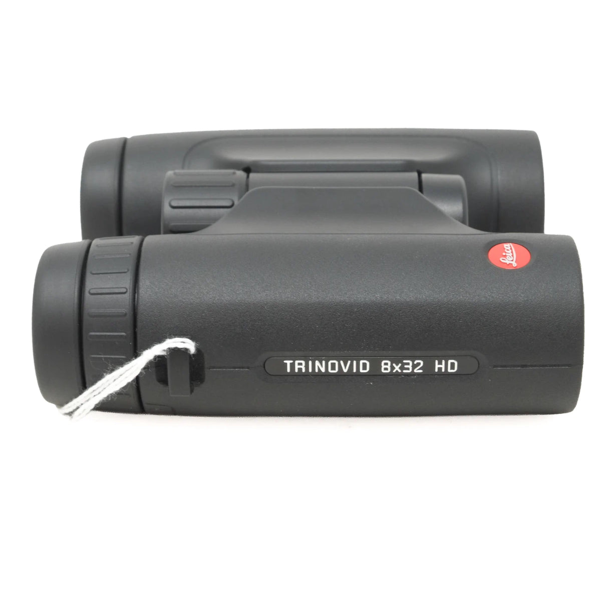 Black Leica Trinovoid 8x32 HD binoculars with a white carrying strap and a small red Leica logo, shown on a white background.