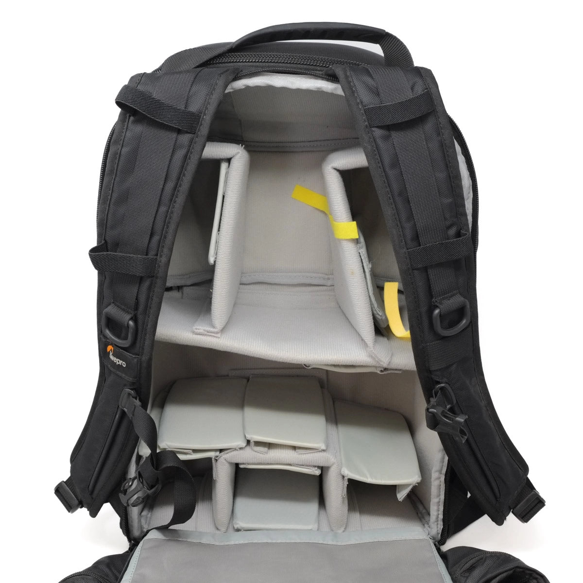 Backpack interior with straps and compartments on a white background