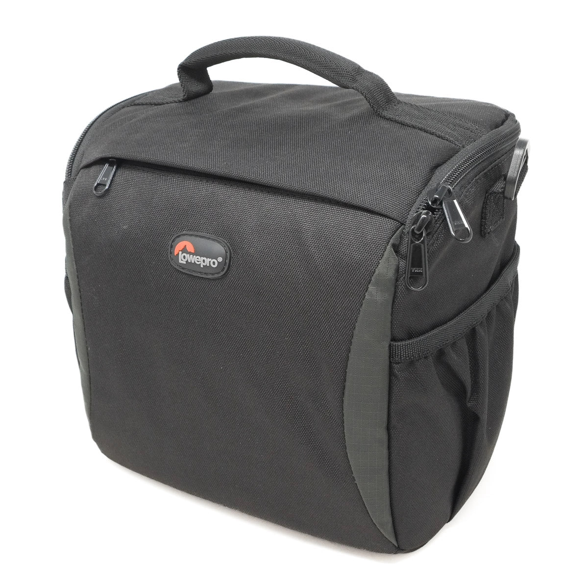 Black camera bag with Lowepro logo on a white background