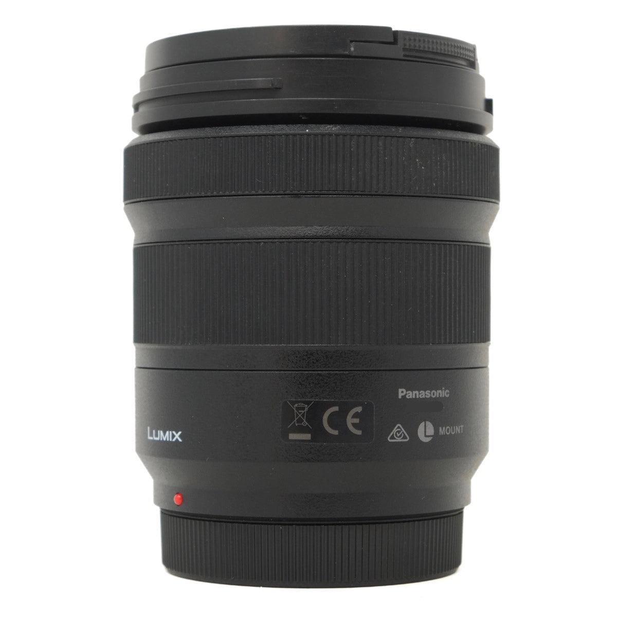 Black camera lens with Panasonic branding on a white background