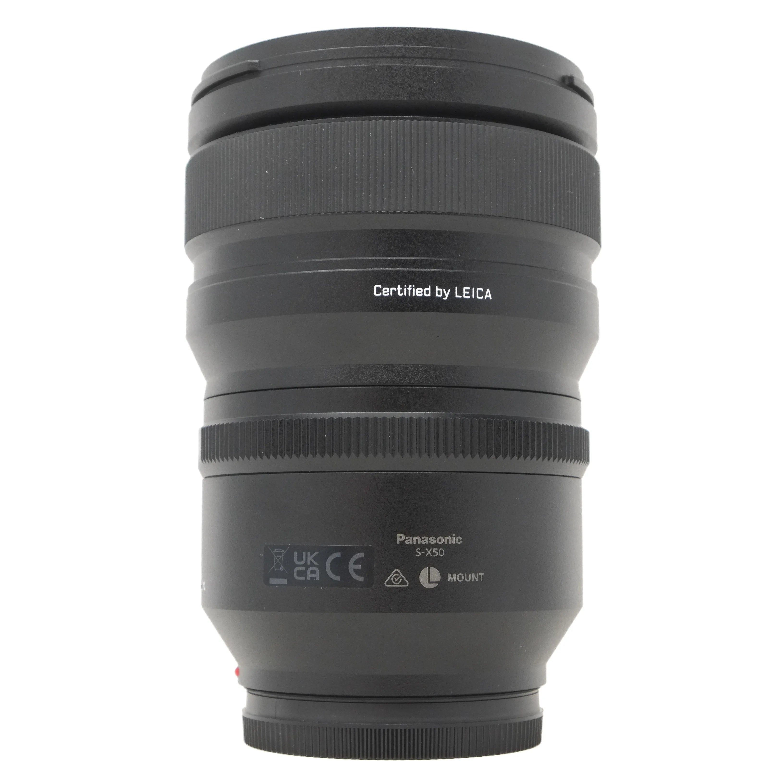 Camera lens certified by Leica on a white background