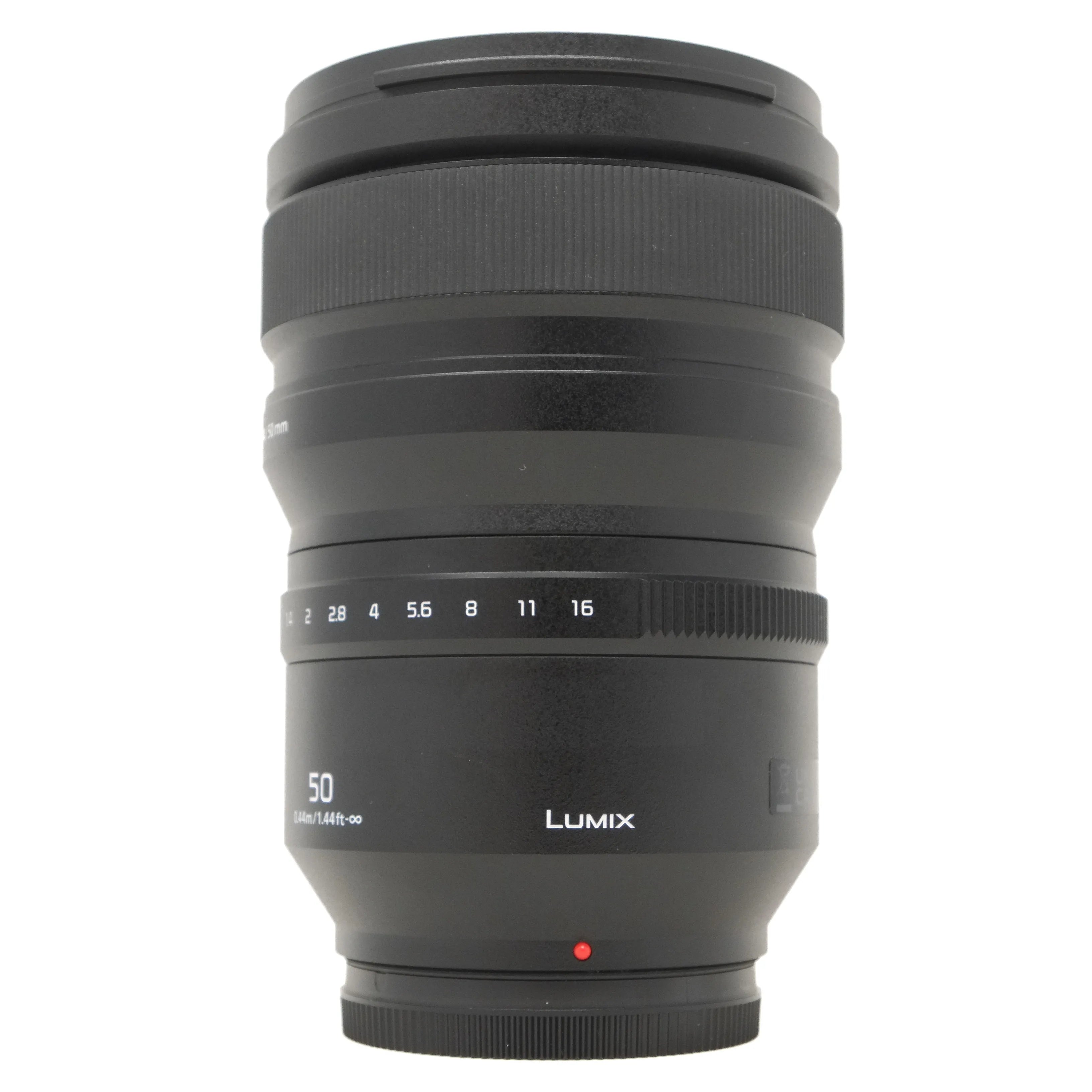 Camera lens with 'LUMIX' branding on a white background