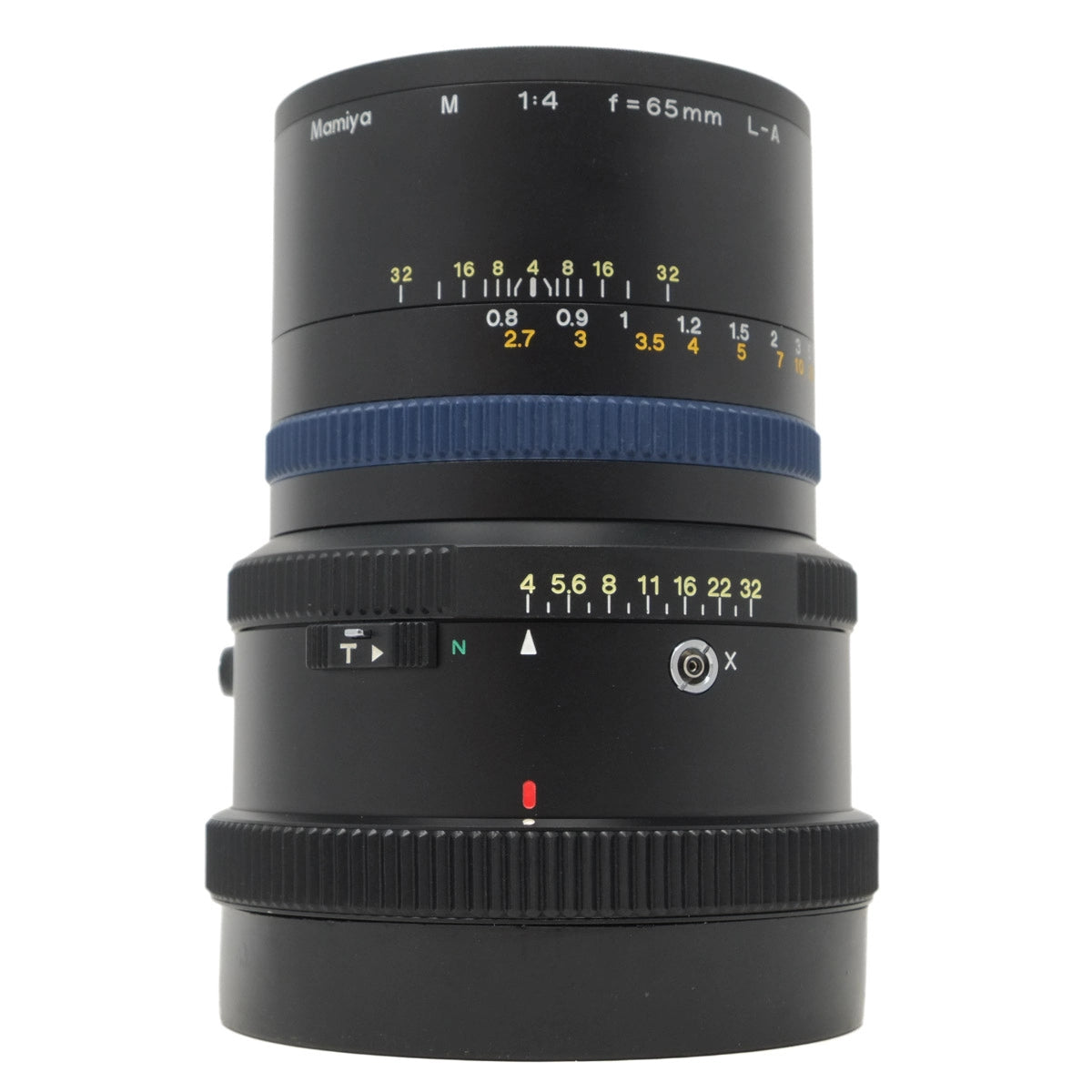 Camera lens with various markings on a white background