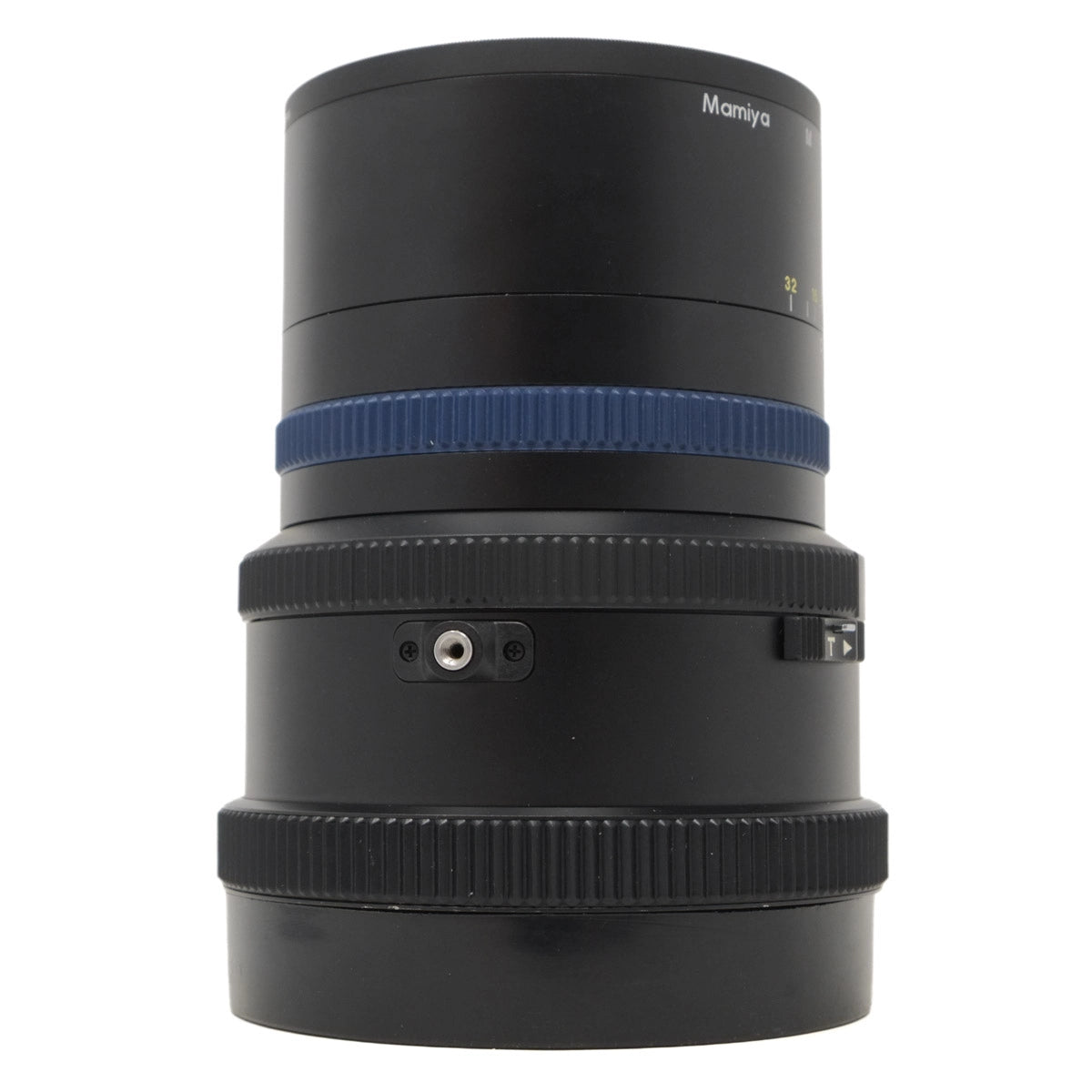 Camera lens with 'Mamiya' branding on a white background