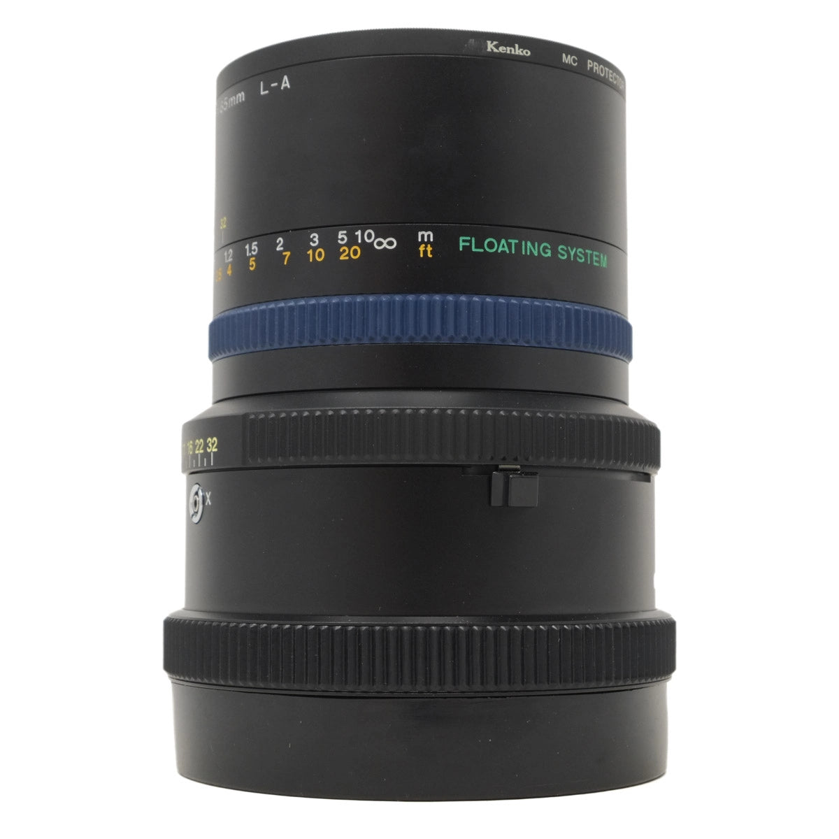 Camera lens with visible branding on a white background
