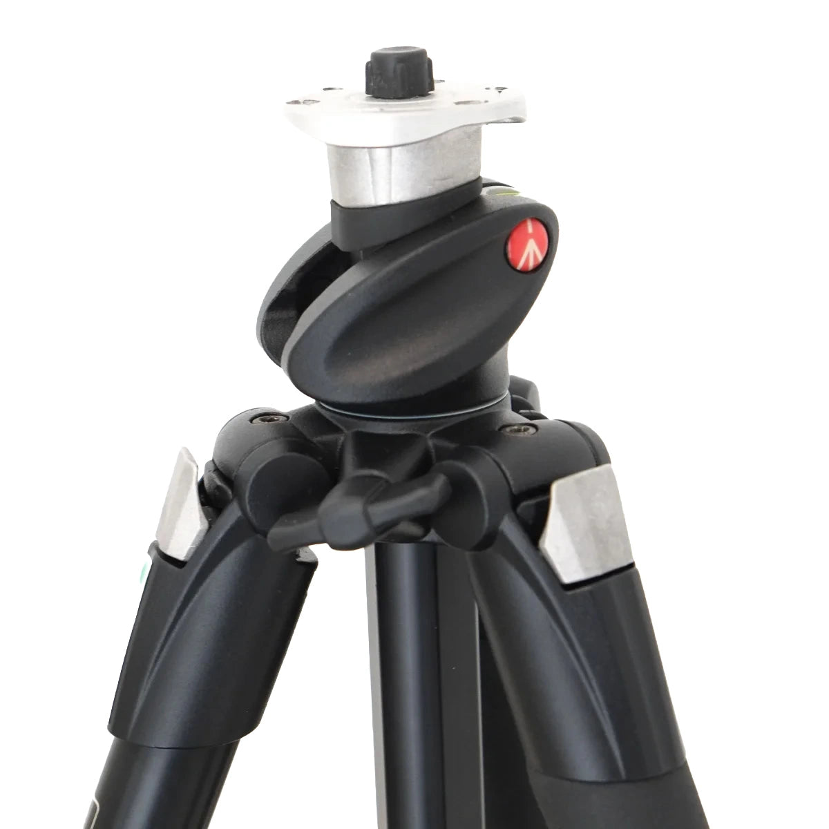 Close-up of a black tripod head and lower legs with silver metal plates and a small red logo, photographed on a white background.