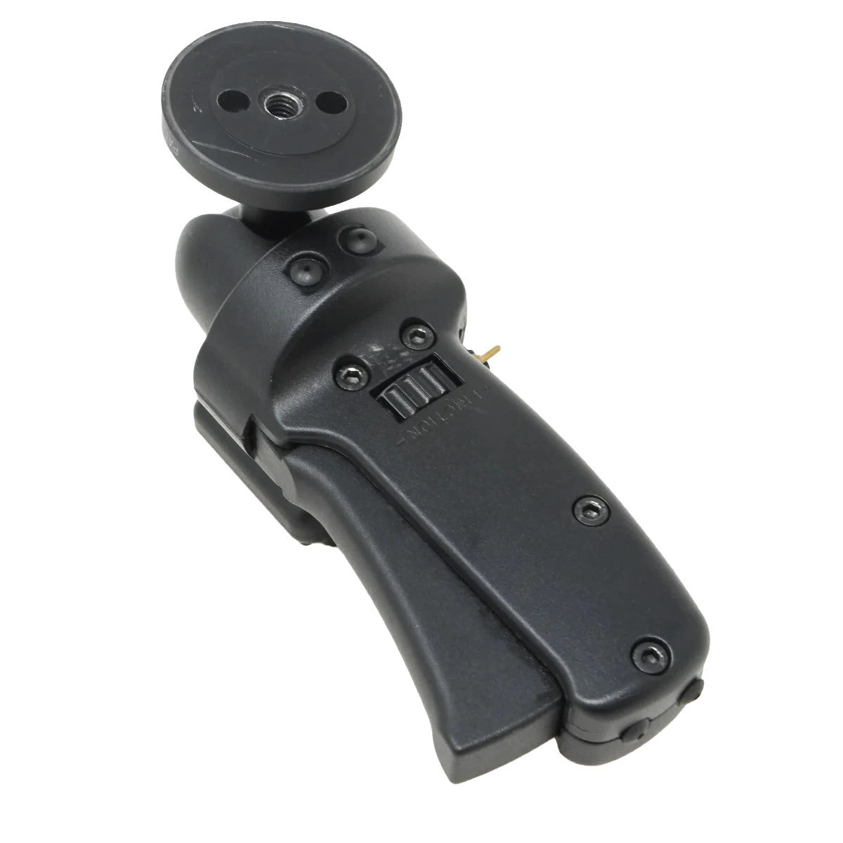 A black plastic handheld device with a round mounting head and a textured handle, shown on a plain white background.