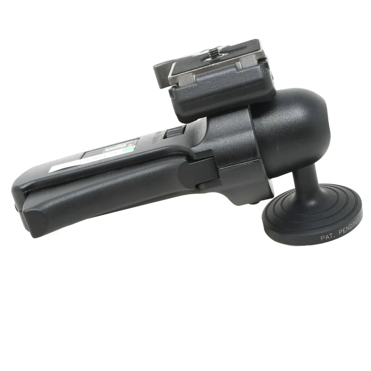 A black plastic camera tripod head with a quick-release plate and a round base, shown on a plain white background.