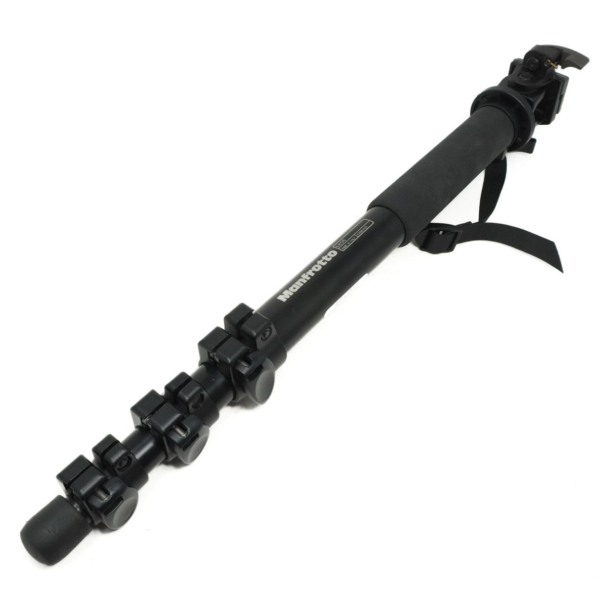 Black adjustable monopod with carrying strap on a white background
