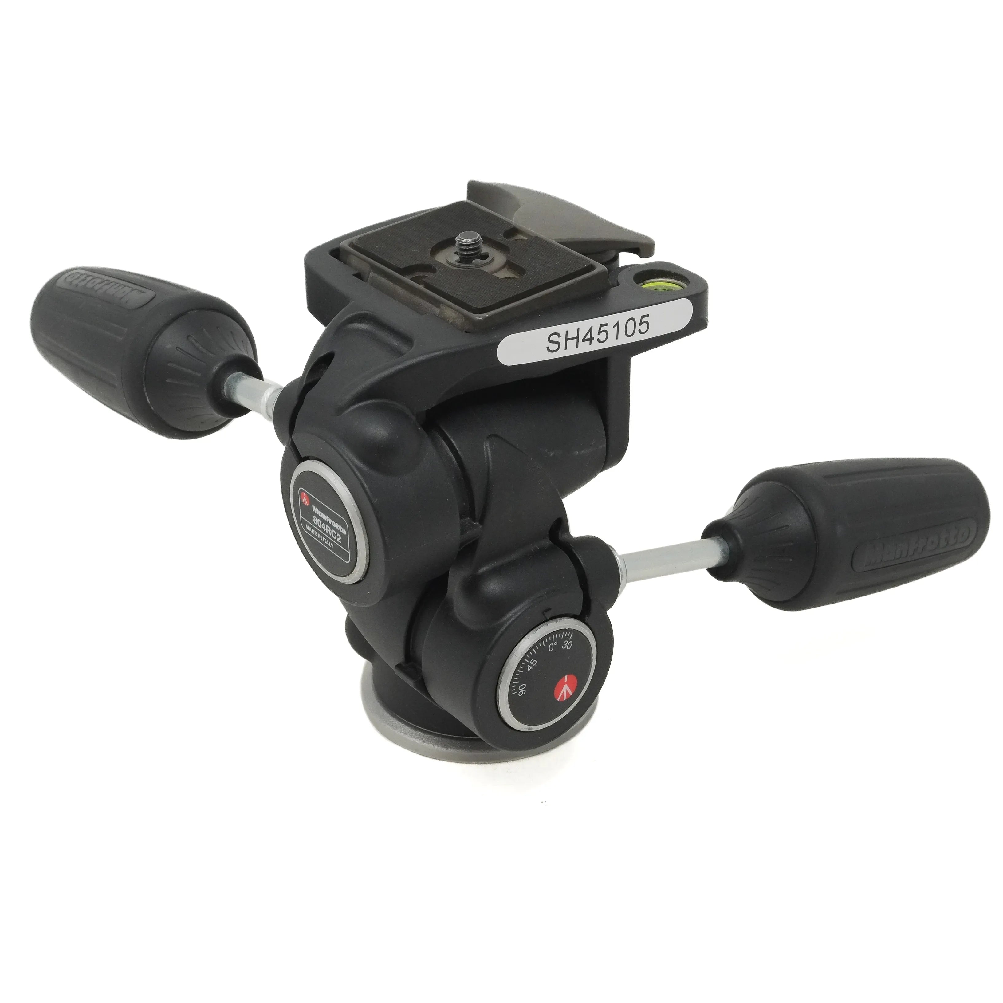 Camera tripod head with adjustable controls on a white background