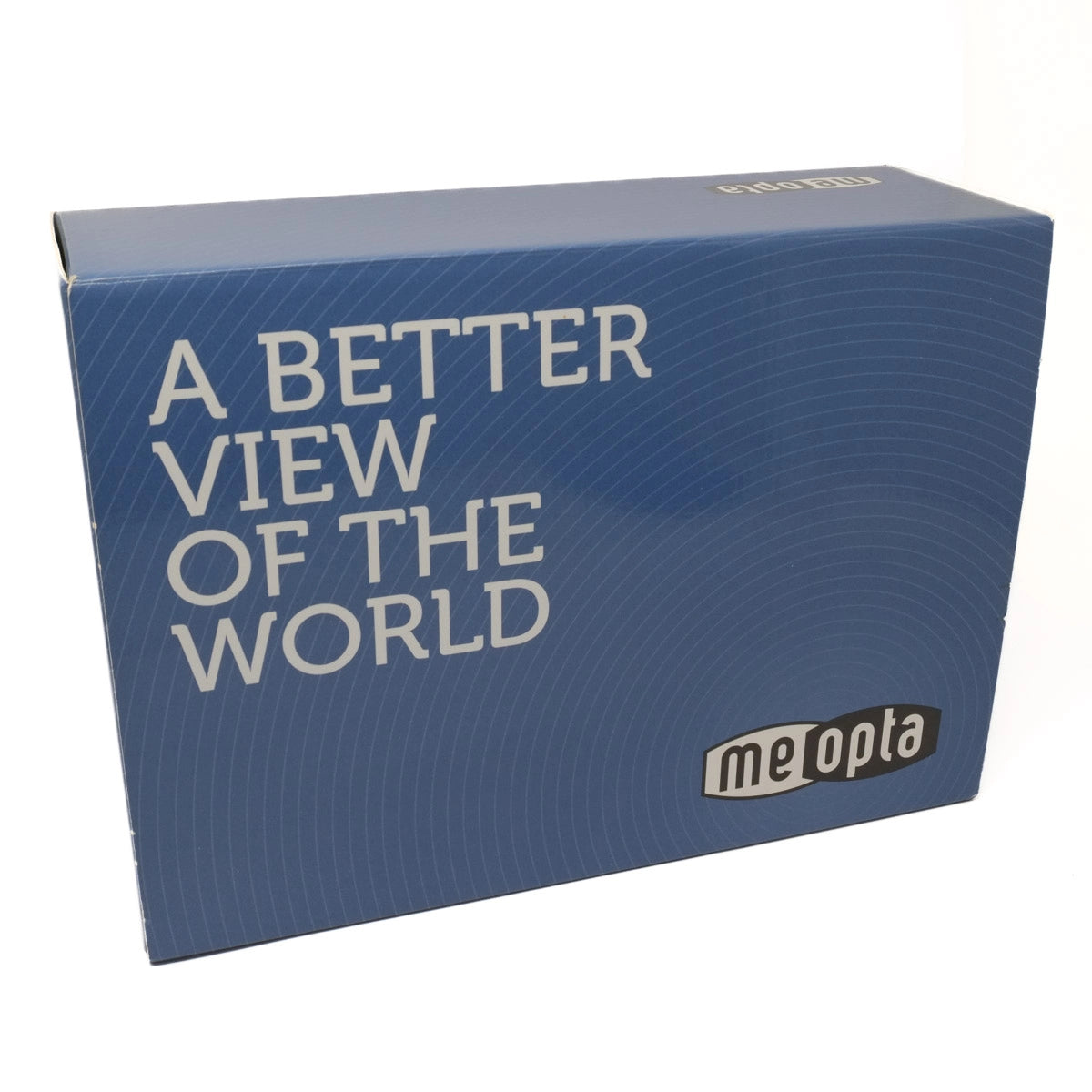 Blue box with 'A Better View of the World' text and Meopta logo on a white background