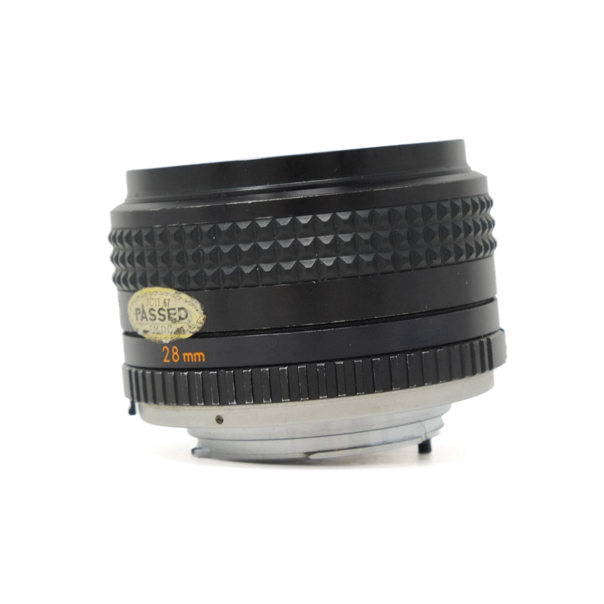 Camera lens with 'passed' certification label on a white background