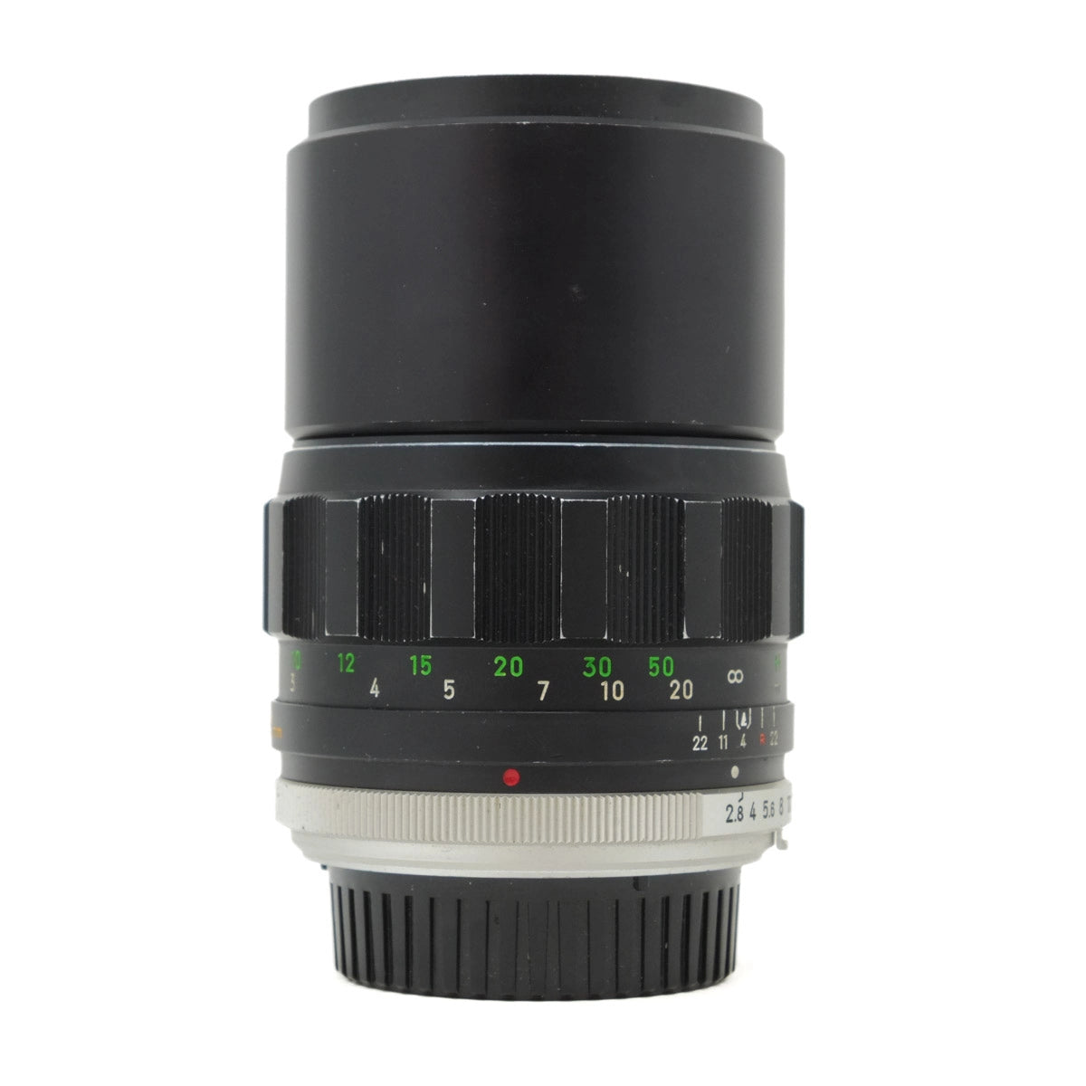 Camera lens with focus ring and measurement scale on a white background