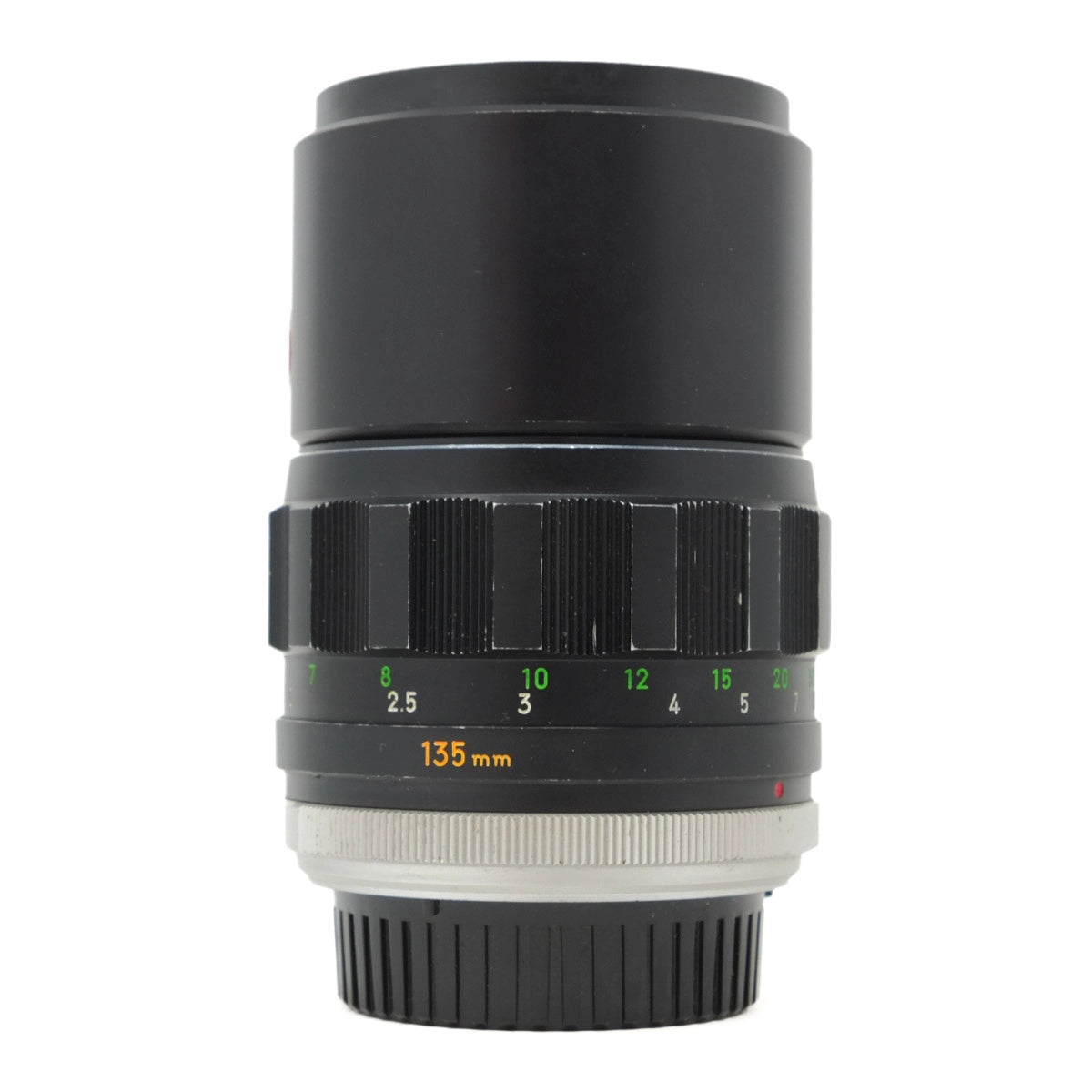 Camera lens with focus ring and measurement details on a white background