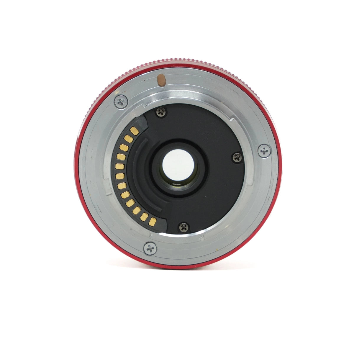 Camera lens with red and gray rim on a white background