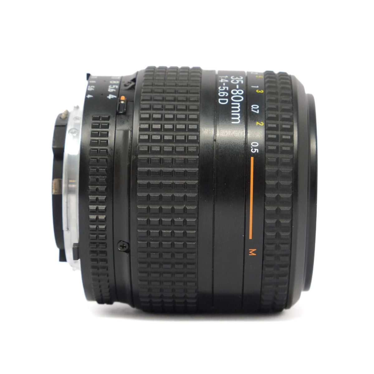 Camera lens with focus ring and text on a white background