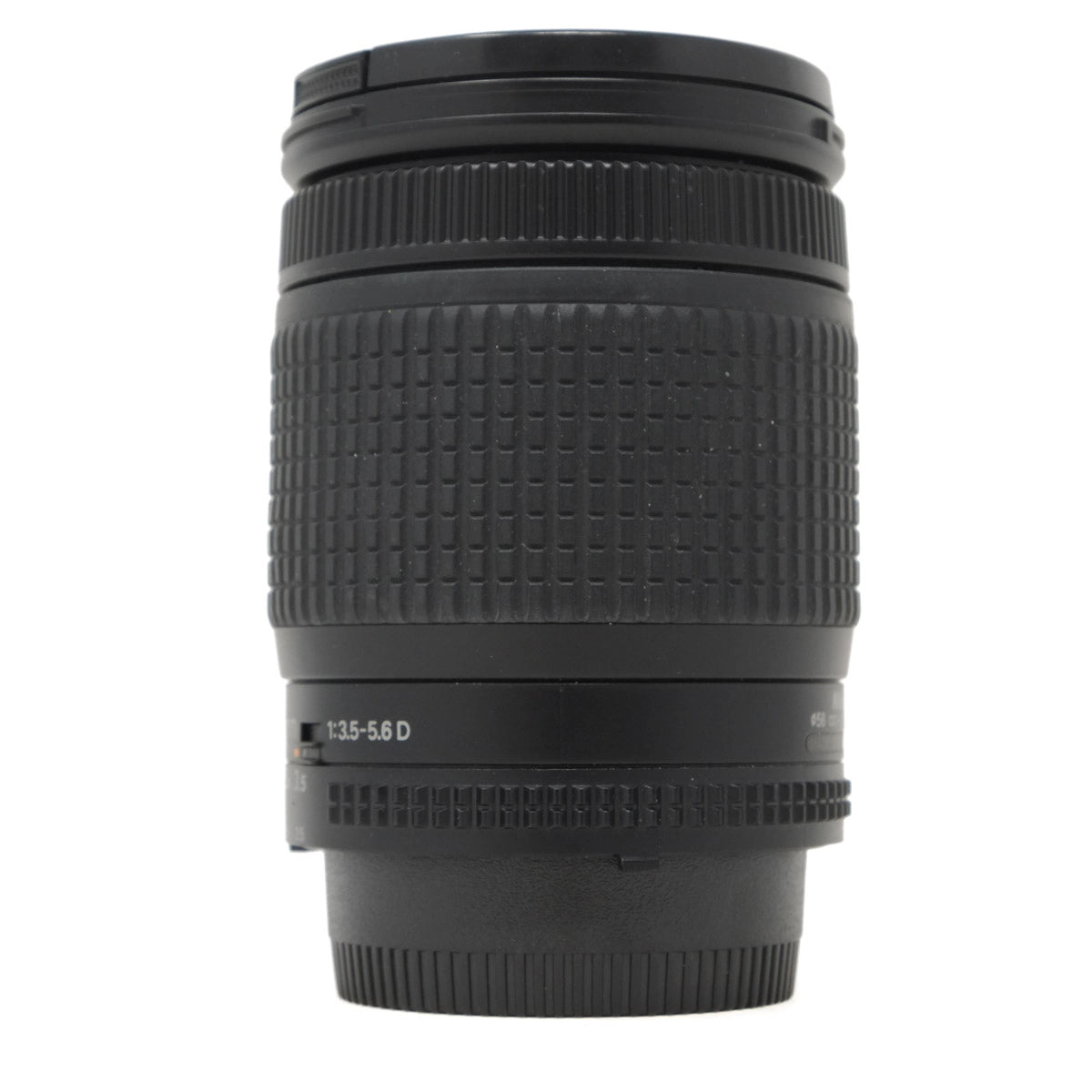 Black camera lens on a white background